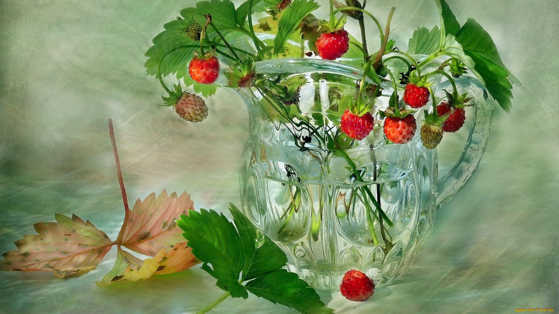 рисованные, живопись, ваза, листья, земляника, этюд