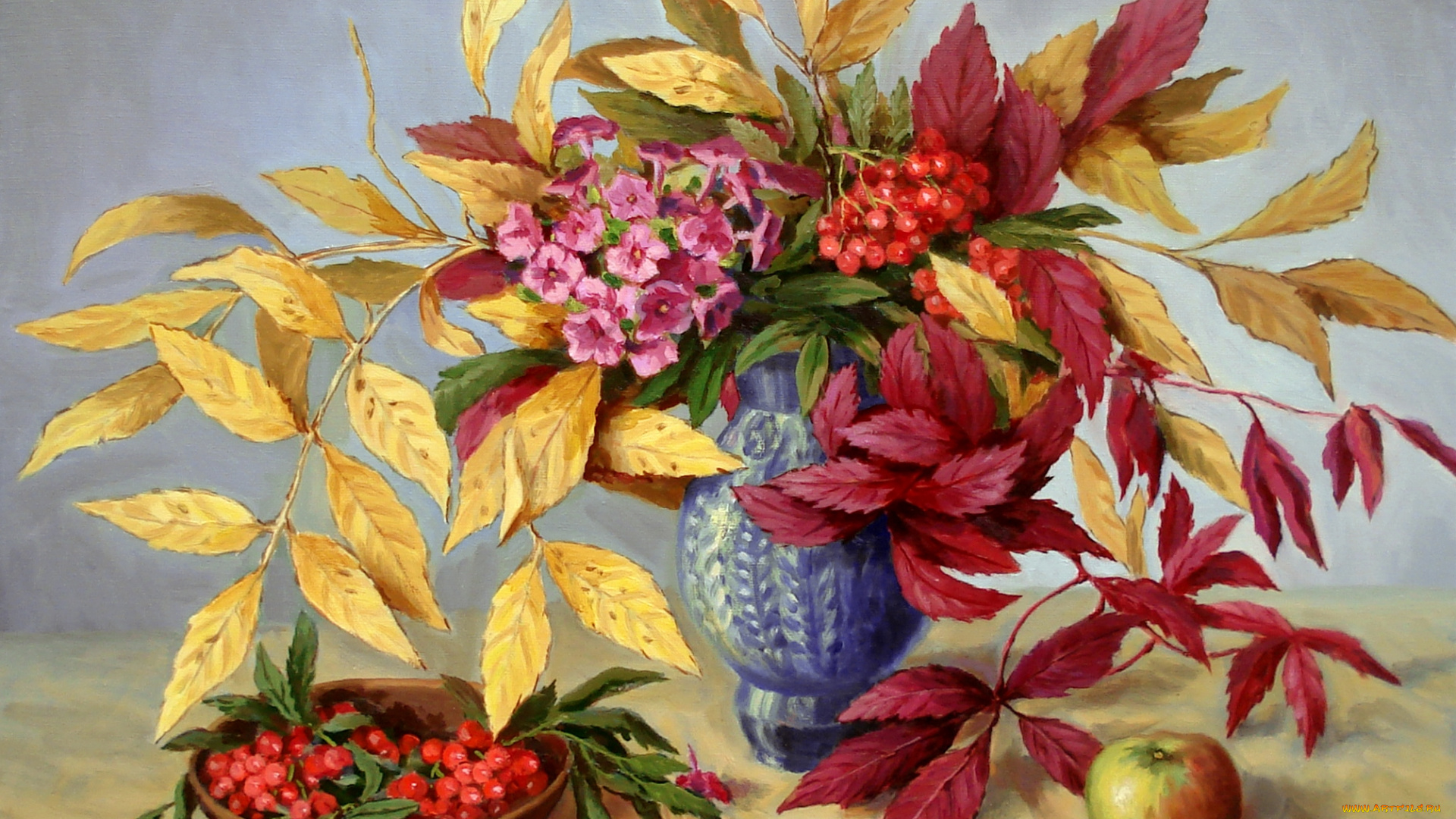 рисованные, живопись, яблоко, рябина, ваза, стол