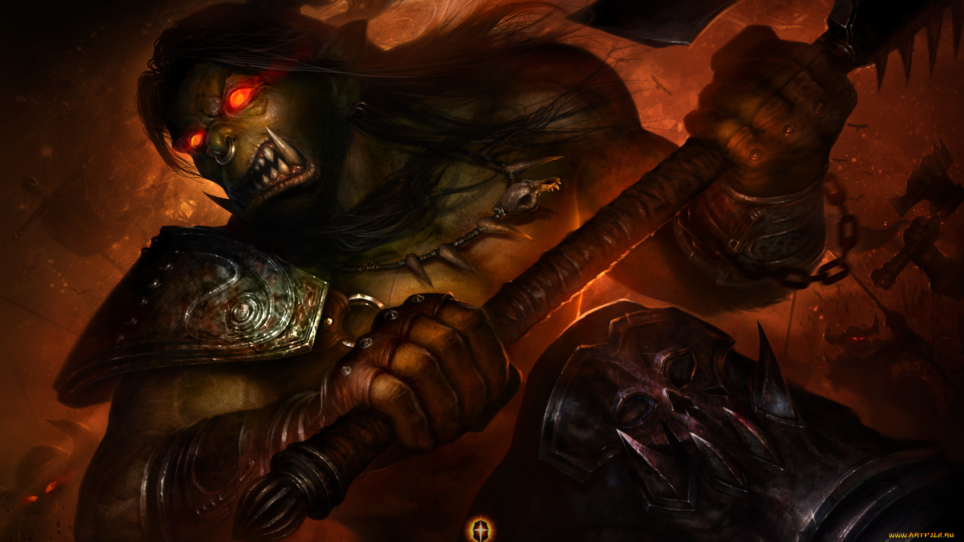 world, of, warcraft, фэнтези, существа, доспехи, клыки, топор, боевой, воин, орк, grommash, hellscream
