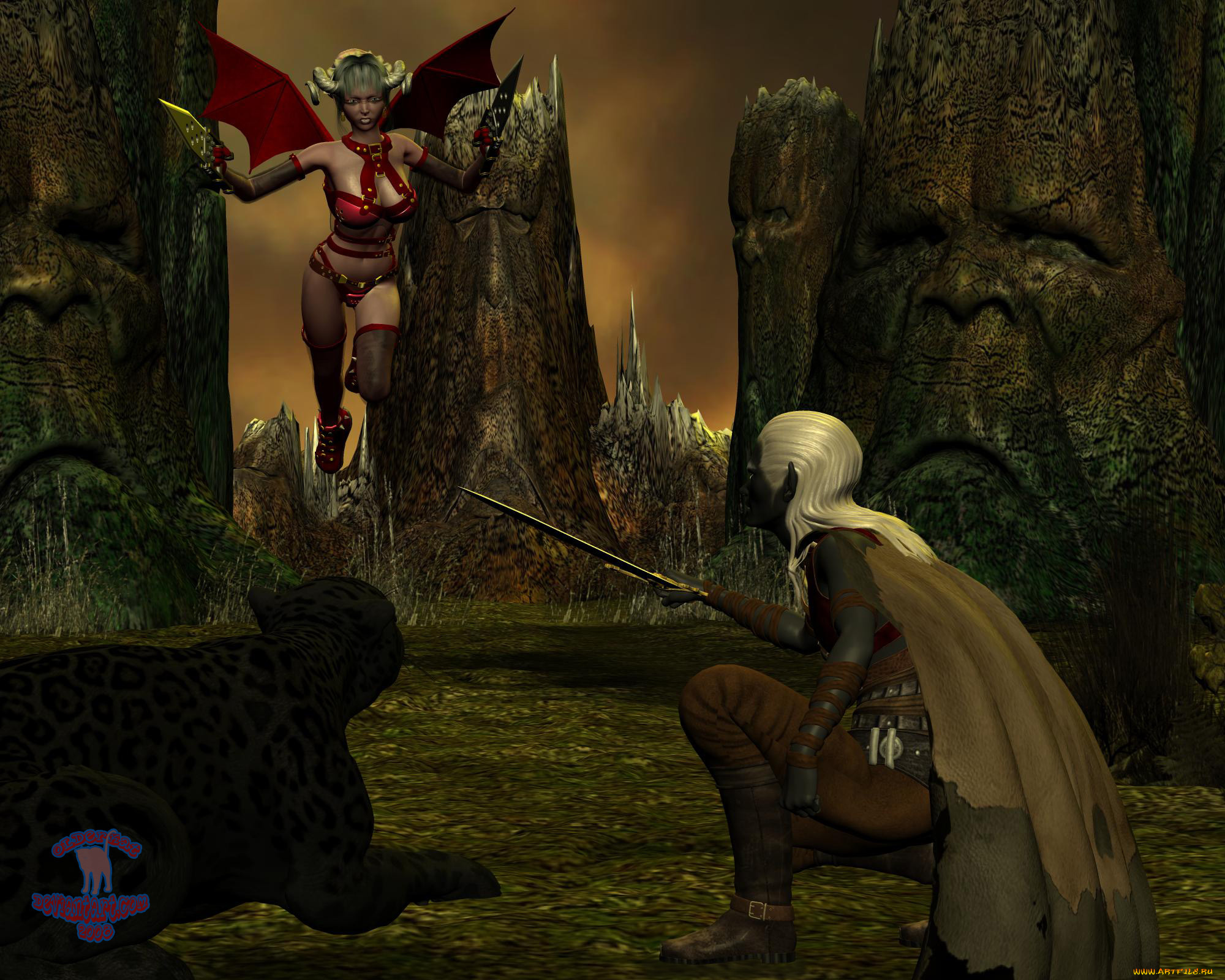 3д, графика, fantasy, , фантазия, эльфийка, демон, оружие