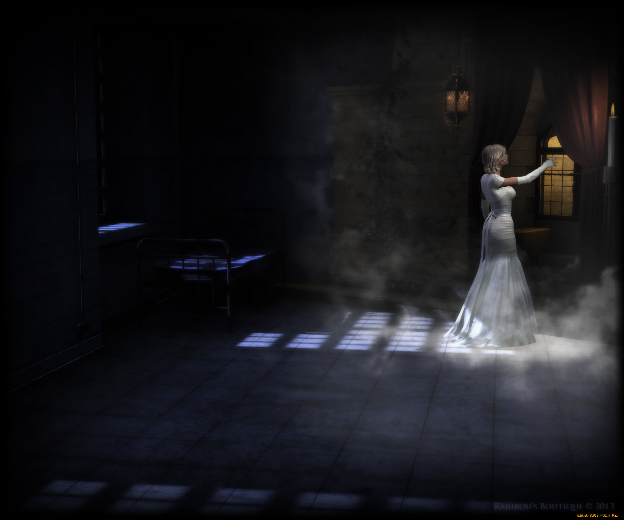 3д, графика, people, , люди, девушка, комната, ночь, свеча, окно