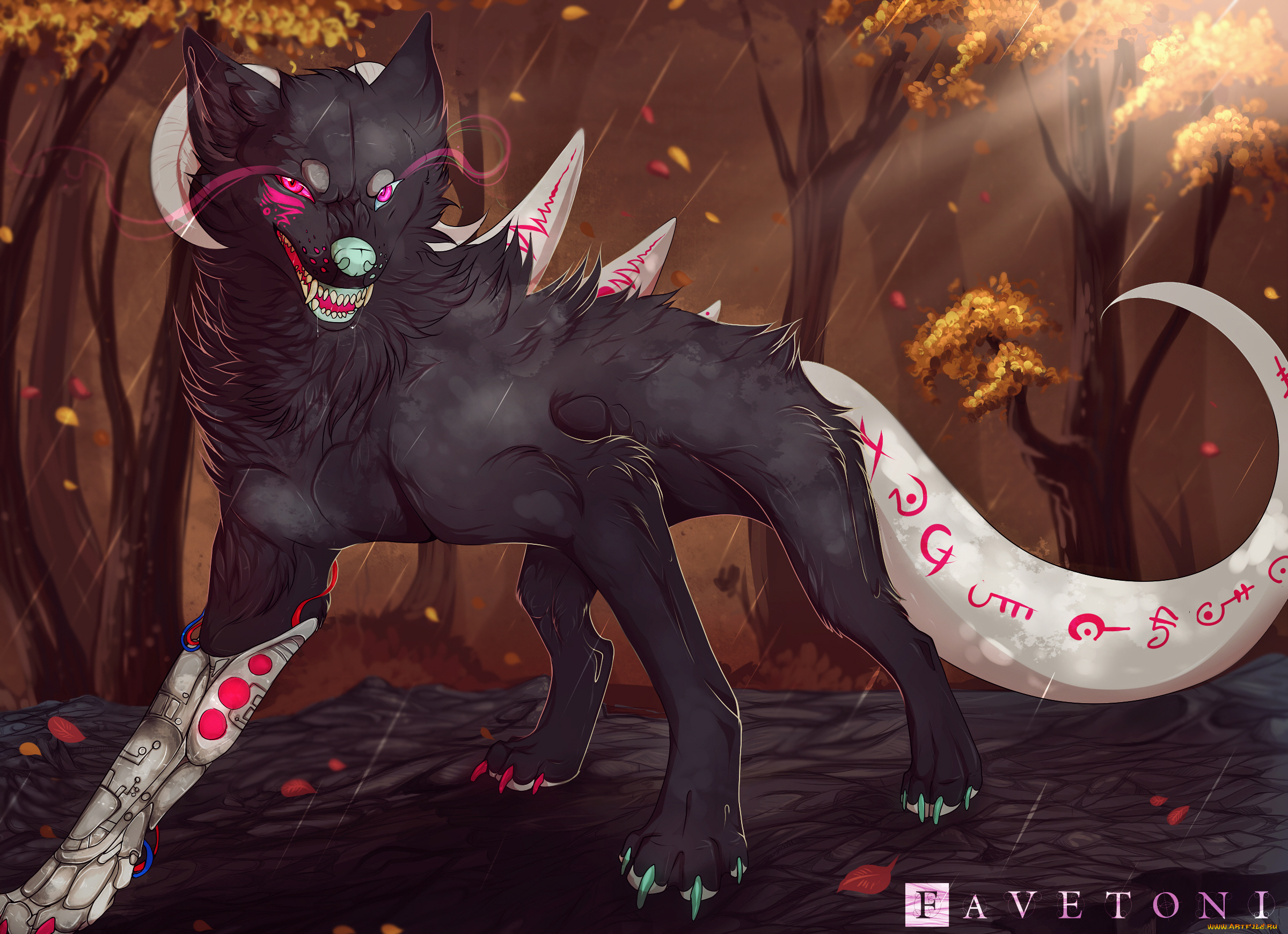 рисованные, животные, , сказочные, , мифические, волк, арт, дождь, оскал, зверь, лес, рога