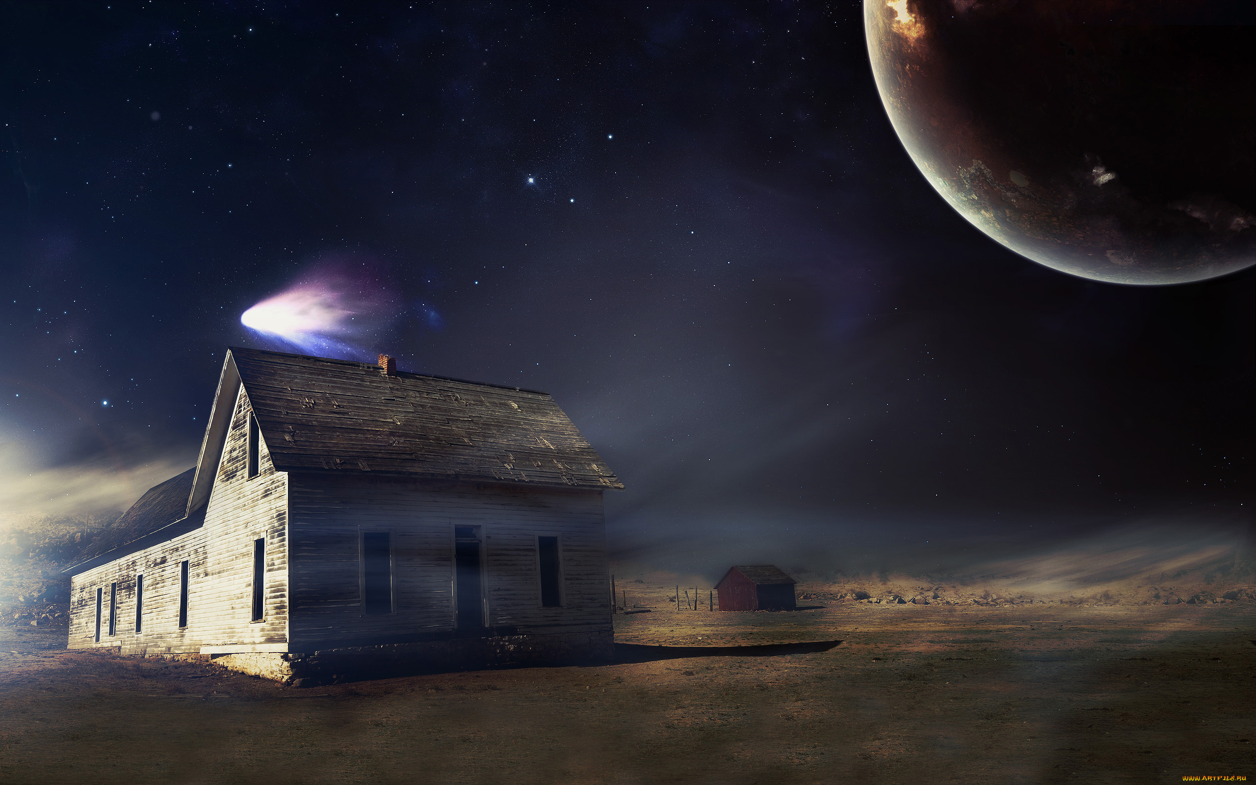 фэнтези, фотоарт, пустыня, дом, сарай, комета
