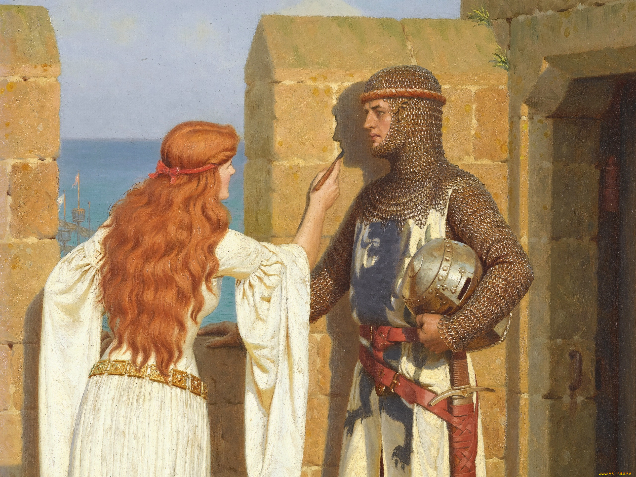 edmund, blair, leighton, рисованные, средневековье, тень, картина, любовь, замок, крепость, стена, дева, рыцарь, доспехи