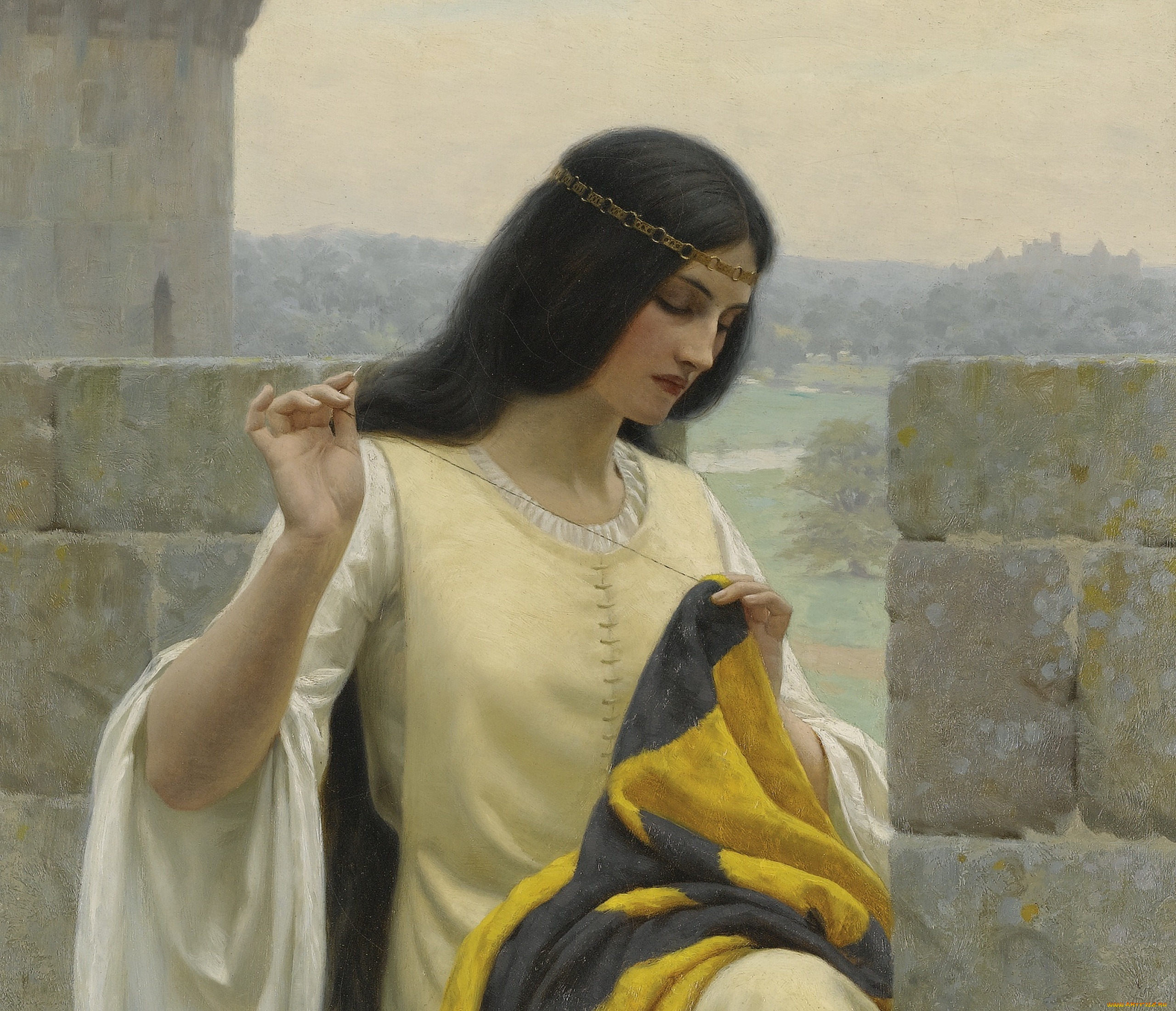 edmund, blair, leighton, рисованные, полотнище, королева, девушка, штандарт, знамя, дева, картина, шитьё, штандарта, средневековье, замок
