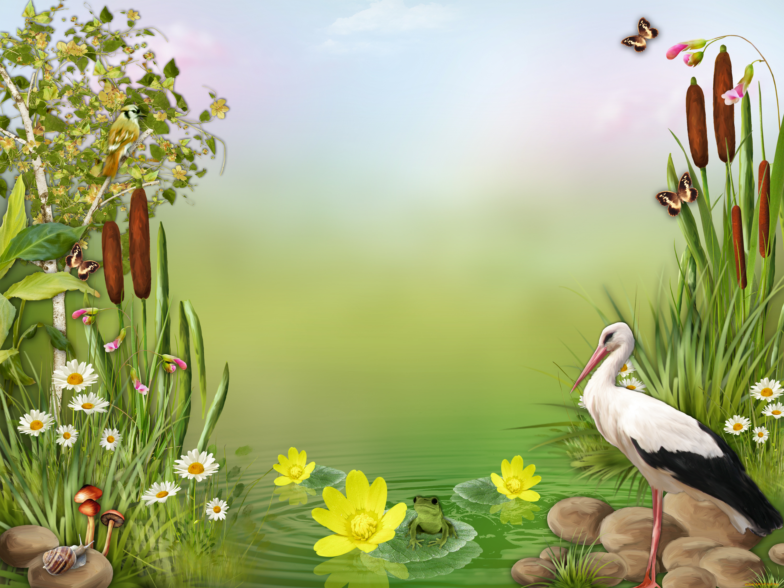 разное, компьютерный, дизайн, пруд, аист, цветы