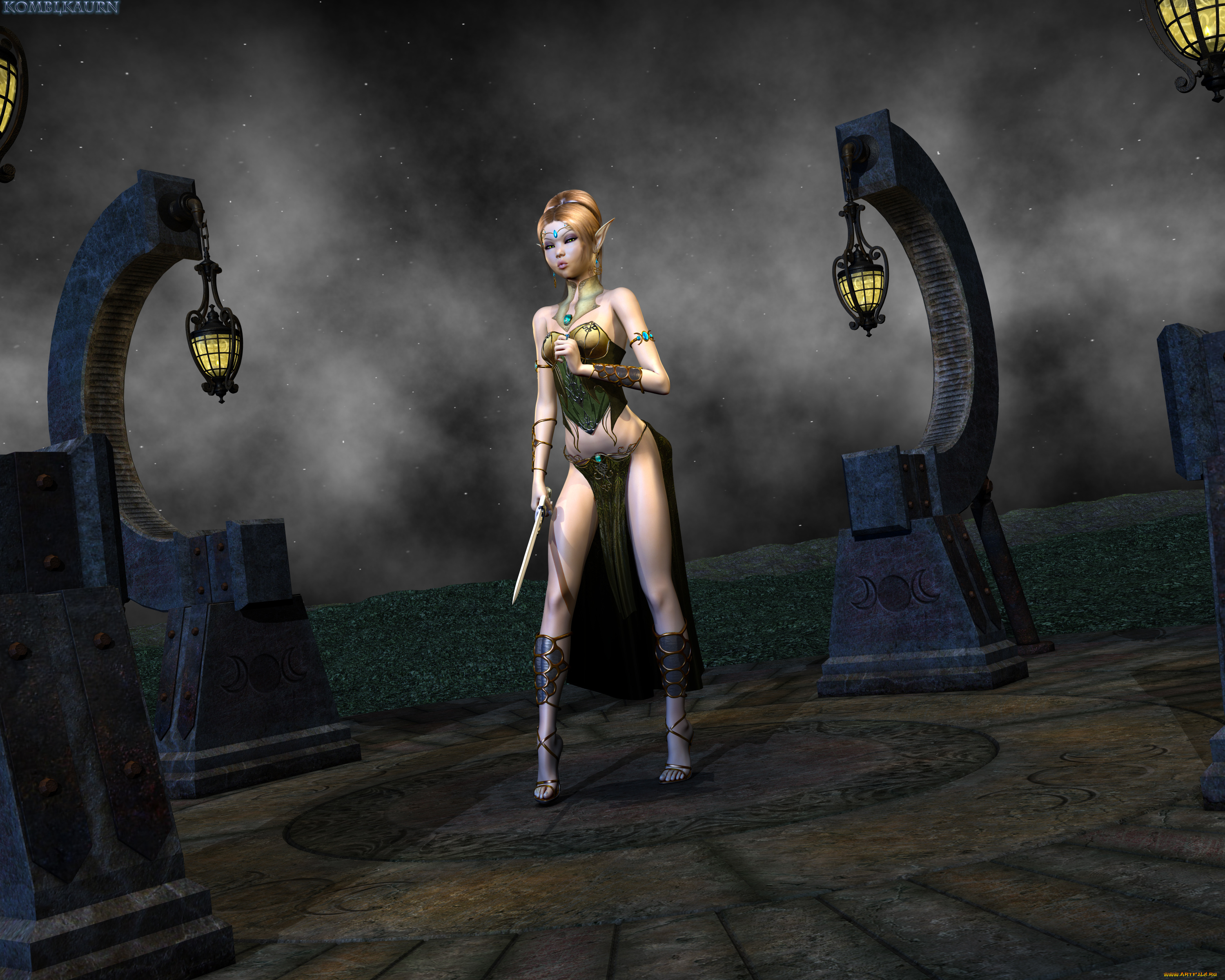 3д, графика, elves, , эльфы, эмблема, фон, фонари