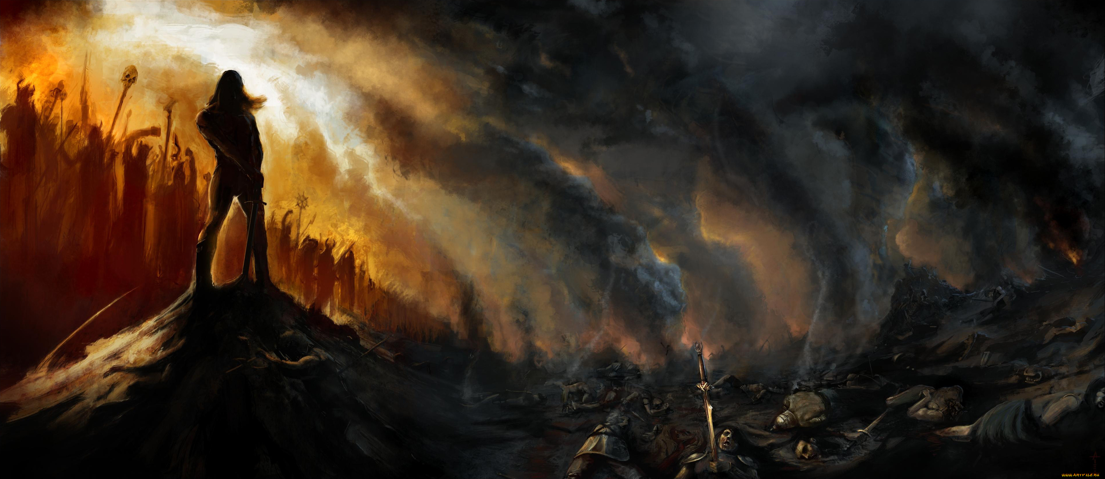 фэнтези, люди, демоны, павшие, тела, битва, поле, воин