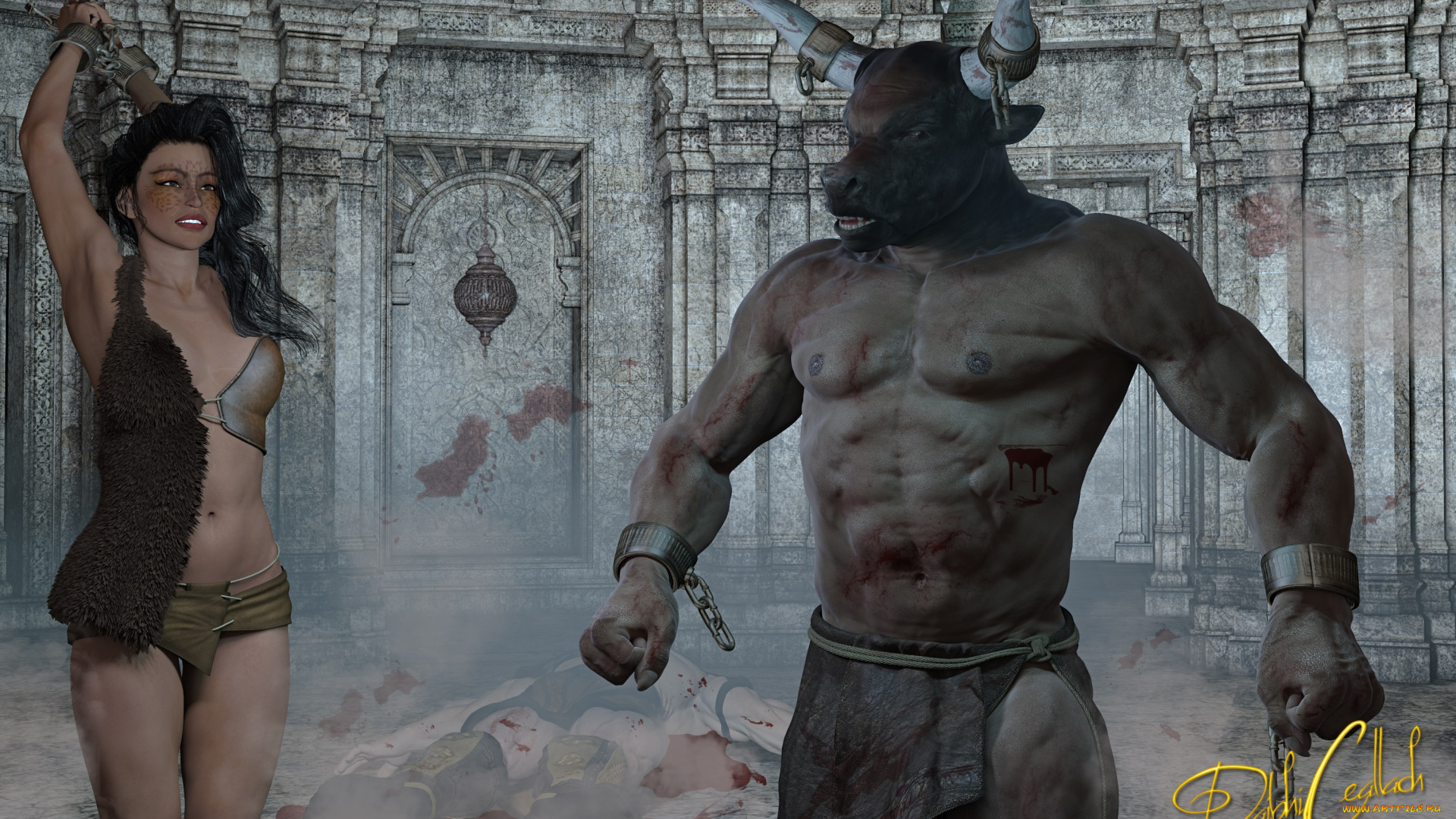 3д, графика, фантазия, , fantasy, фон, существо, взгляд, девушка