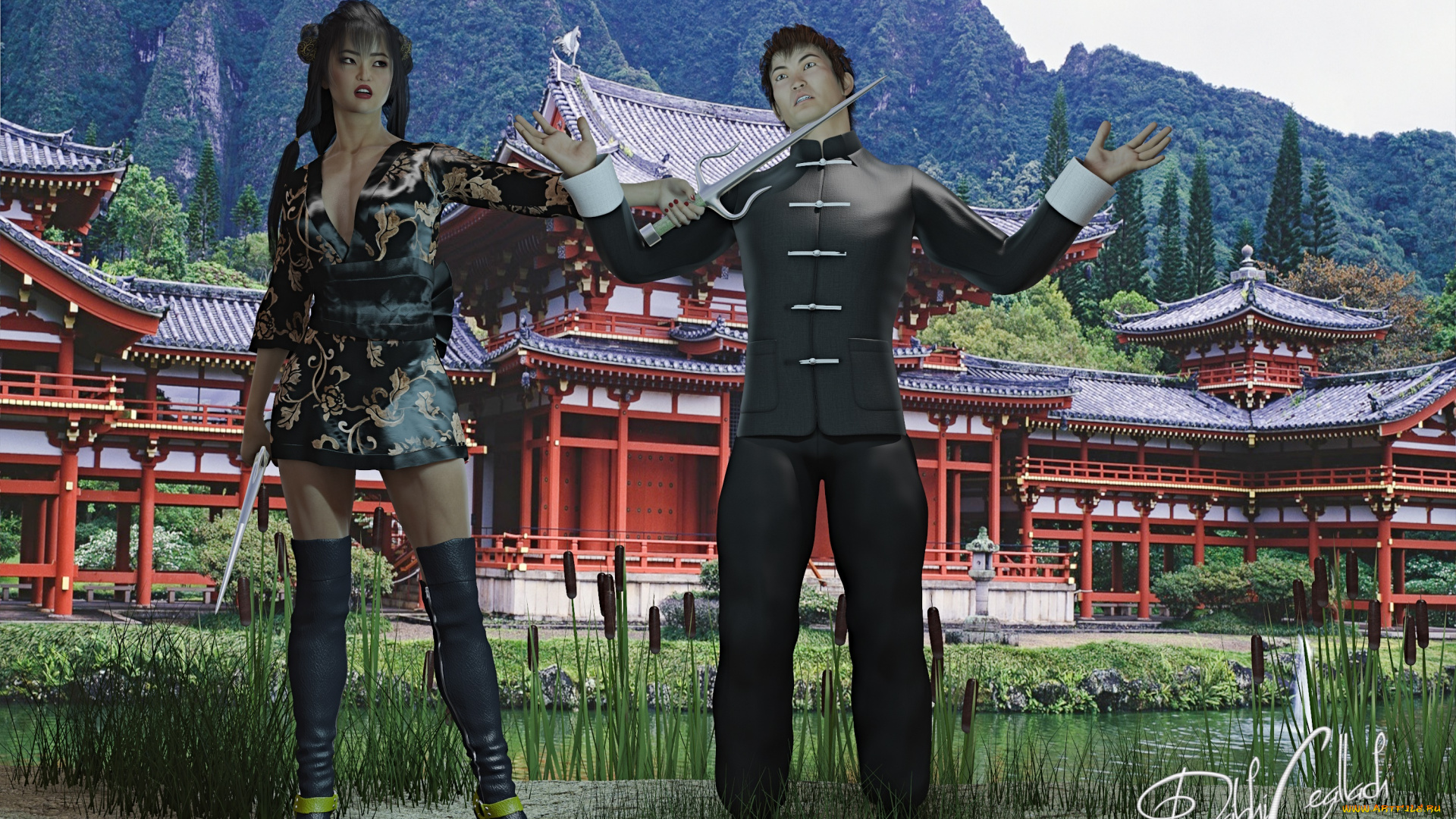 3д, графика, фантазия, , fantasy, мужчина, оружие, фон, девушка, взгляд