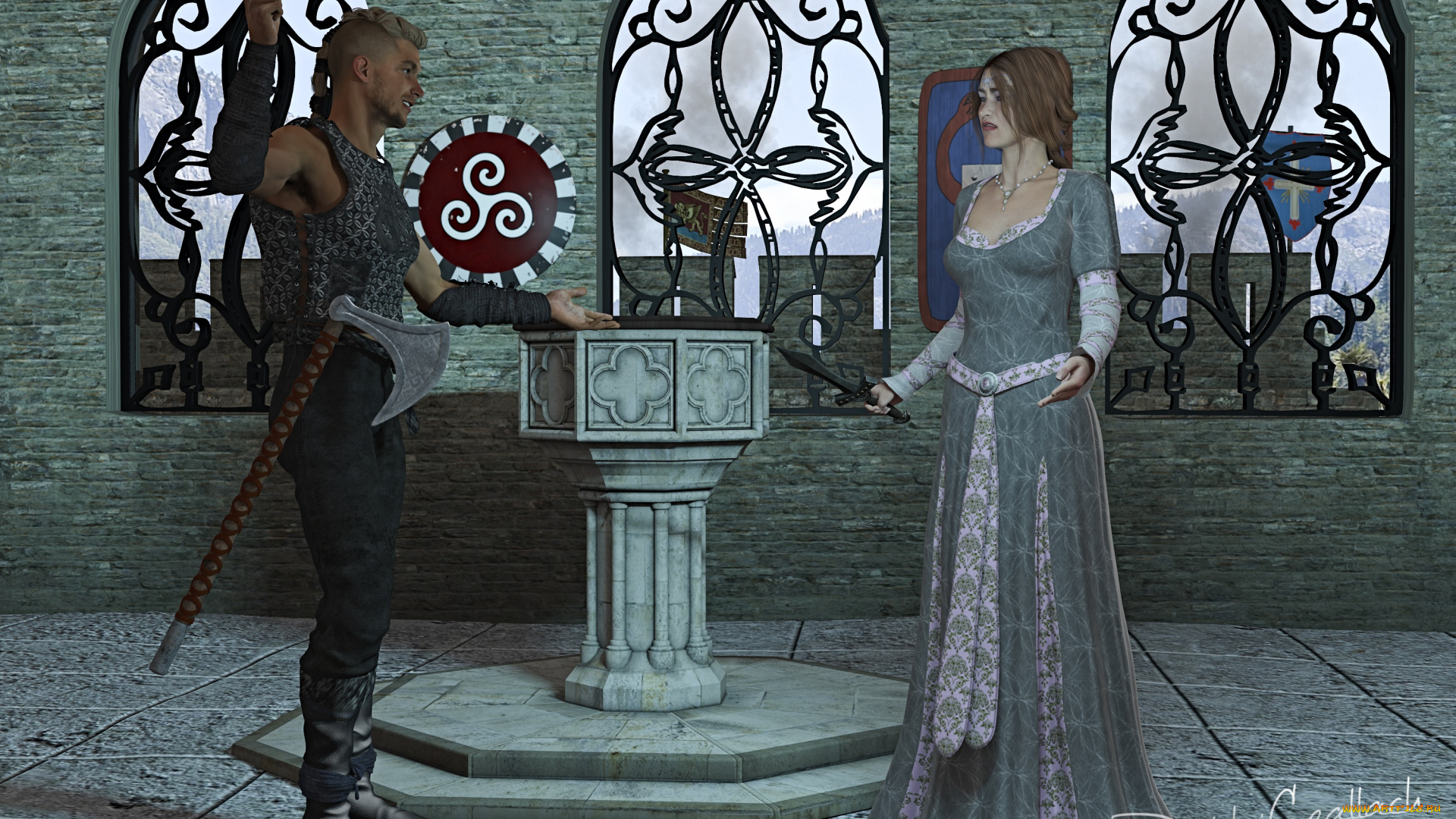 3д, графика, фантазия, , fantasy, взгляд, девушка, мужчина, оружие, фон