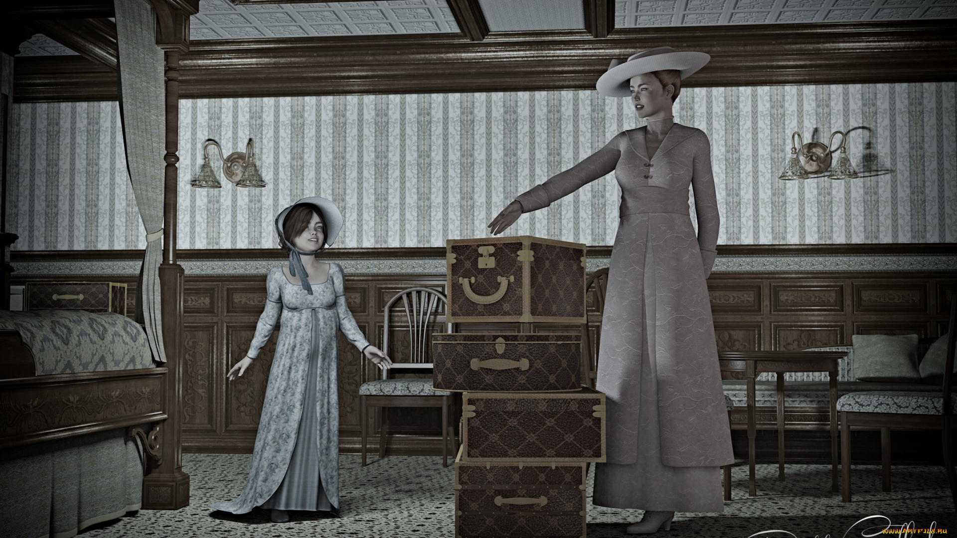 3д, графика, люди, , people, интерьер, дочь, мать, девочка, шляпа, фон, взгляд, девушка