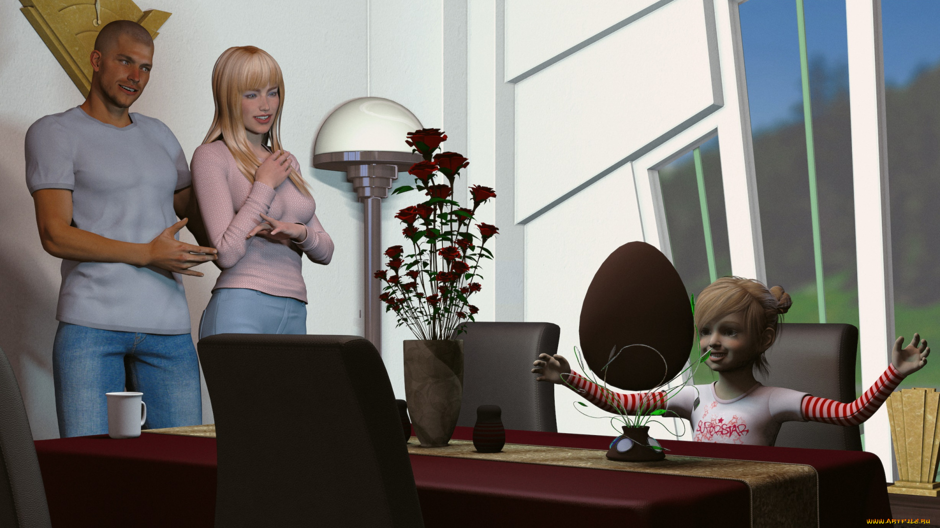 3д, графика, люди, , people, улыбка, взгляд, девушка, отец, мужчина, мать, фон, девочка