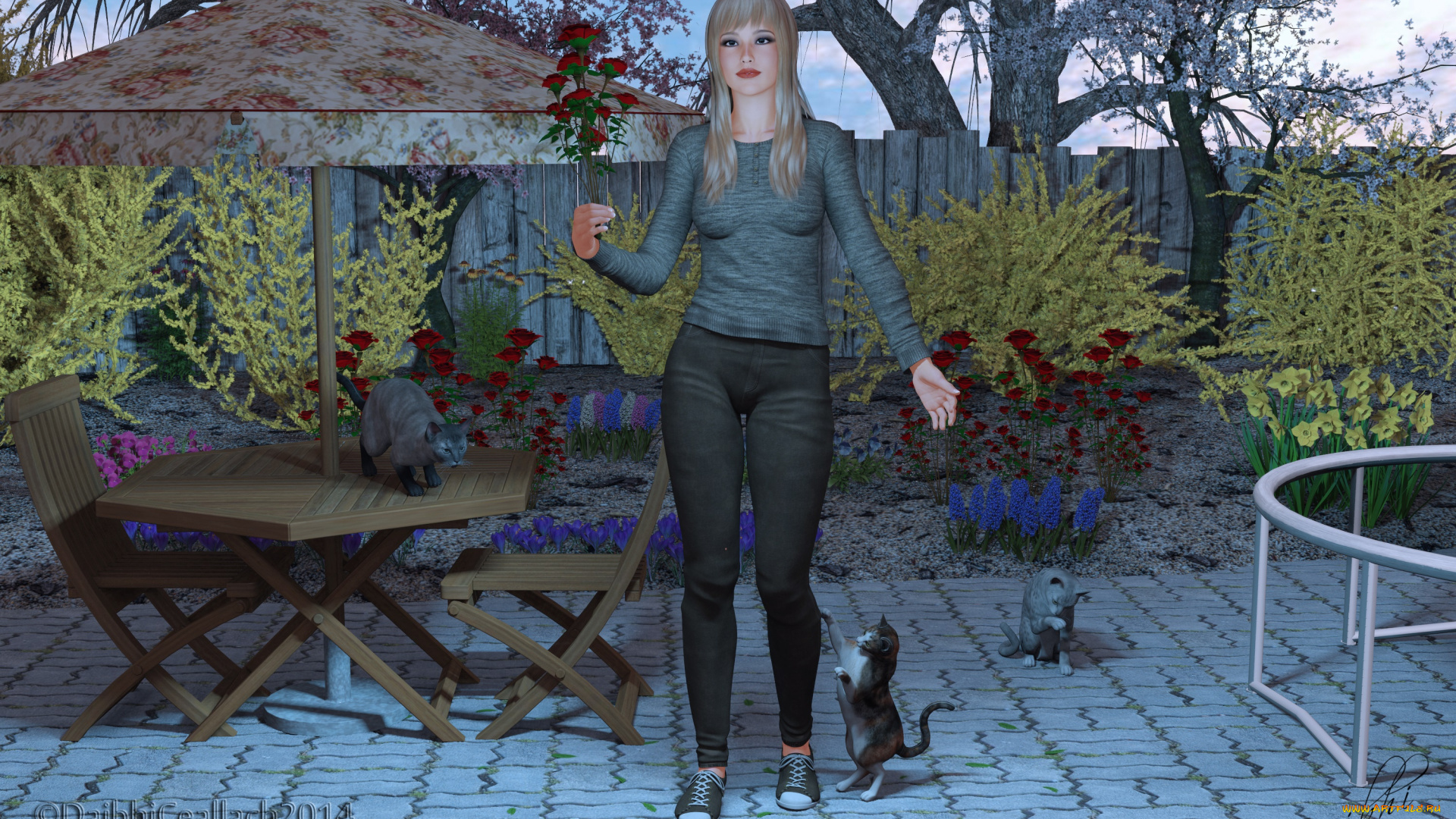 3д, графика, люди, , people, взгляд, деревья, кошки, стол, розы, фон, девушка