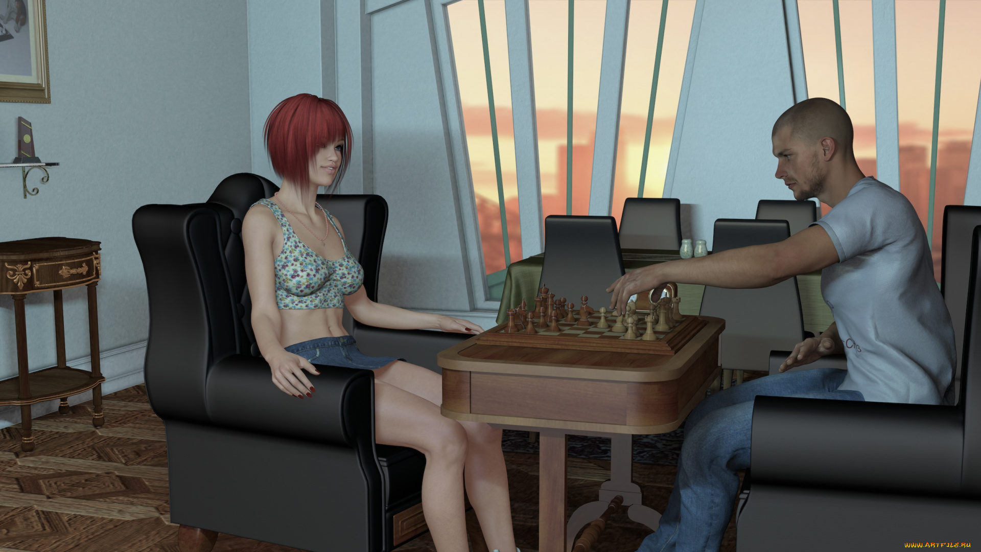 3д, графика, люди, , people, взгляд, девушка, шахматы, улыбка, мужчина, стол, кресла, фон