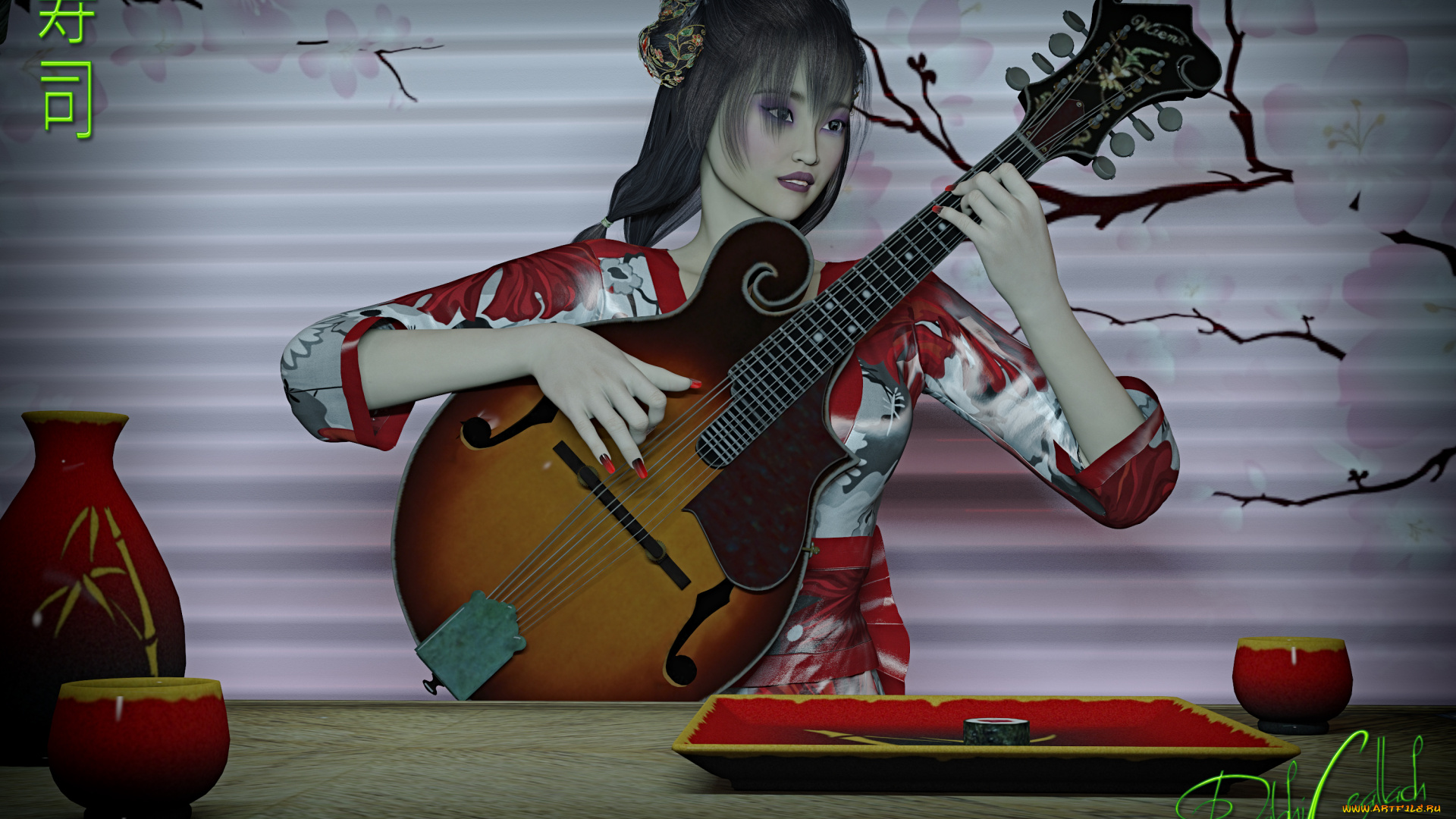 3д, графика, люди, , people, взгляд, девушка, гитара, фон