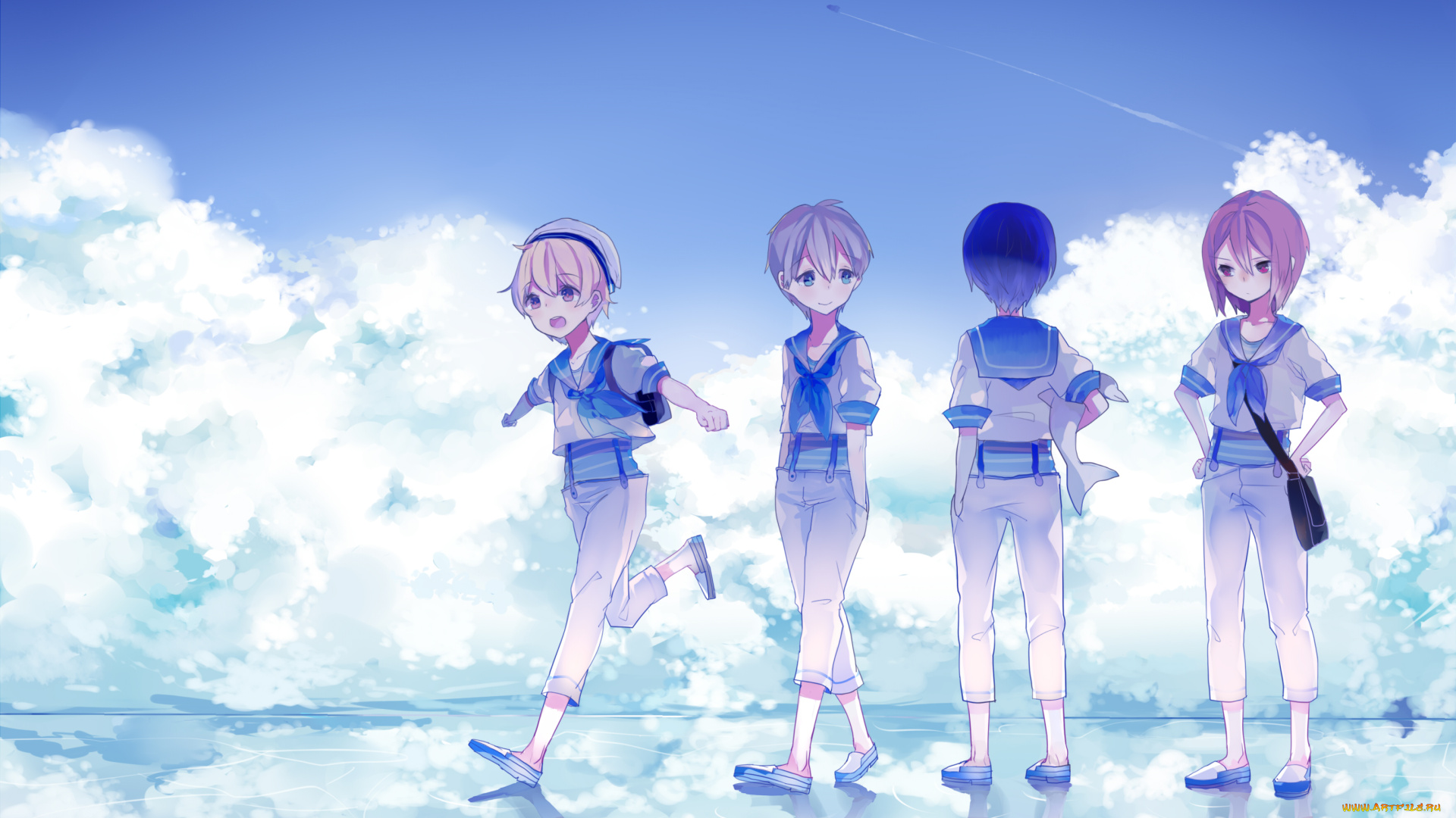 аниме, free, арт, ryugazaki, rei, hazuki, nagisa, matsuoka, rin, nanase, haruka, мальчики, небо, вода, bunuojiang