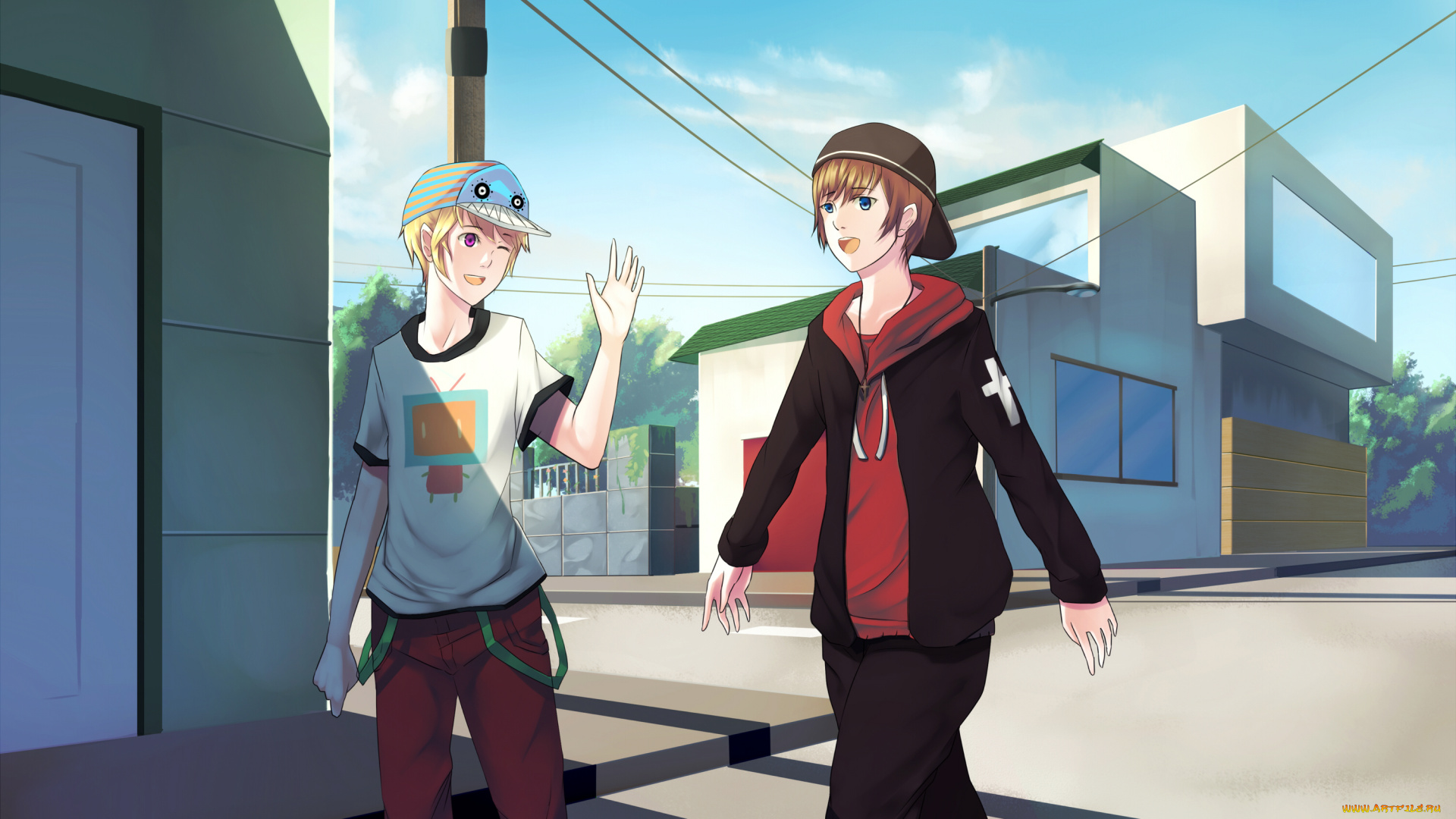 аниме, город, , улицы, , здания, улица, дома, мальчики