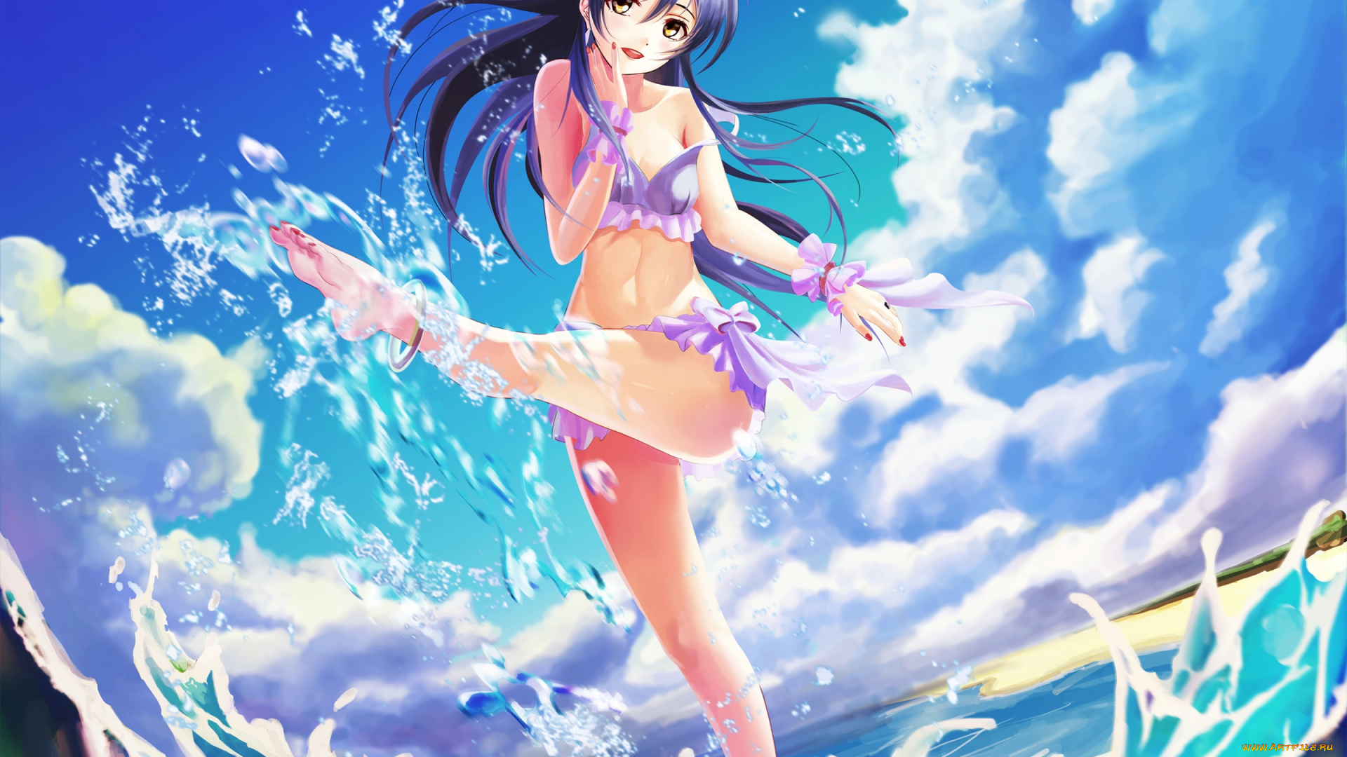 аниме, love, live, , school, idol, project, вода, пляж, время, море, девушка, купальник, арт, съёмка, ushas, лето, брызги, sonoda, umi, love, live, school, idol, project