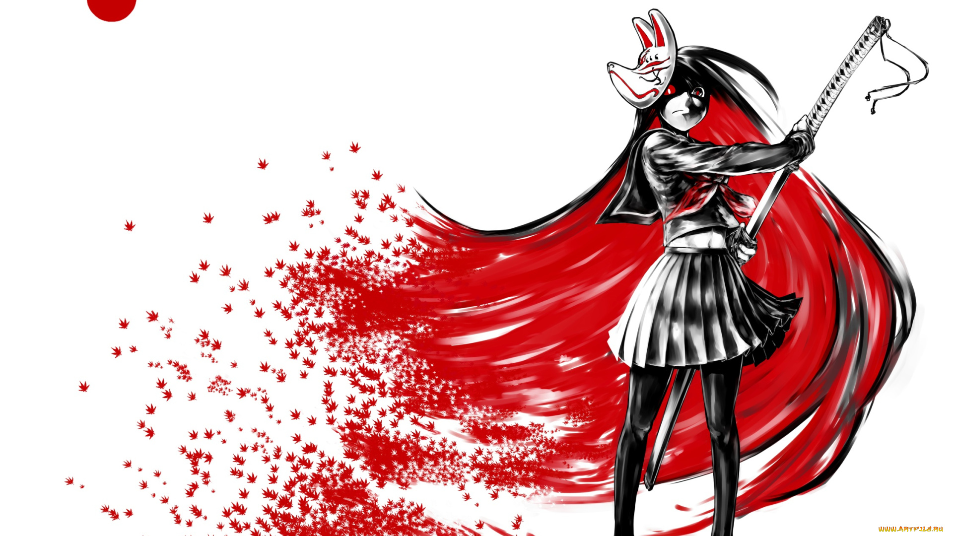 аниме, оружие, , техника, , технологии, маска, красные, листья, девушка, арт, jaco, меч, волосы