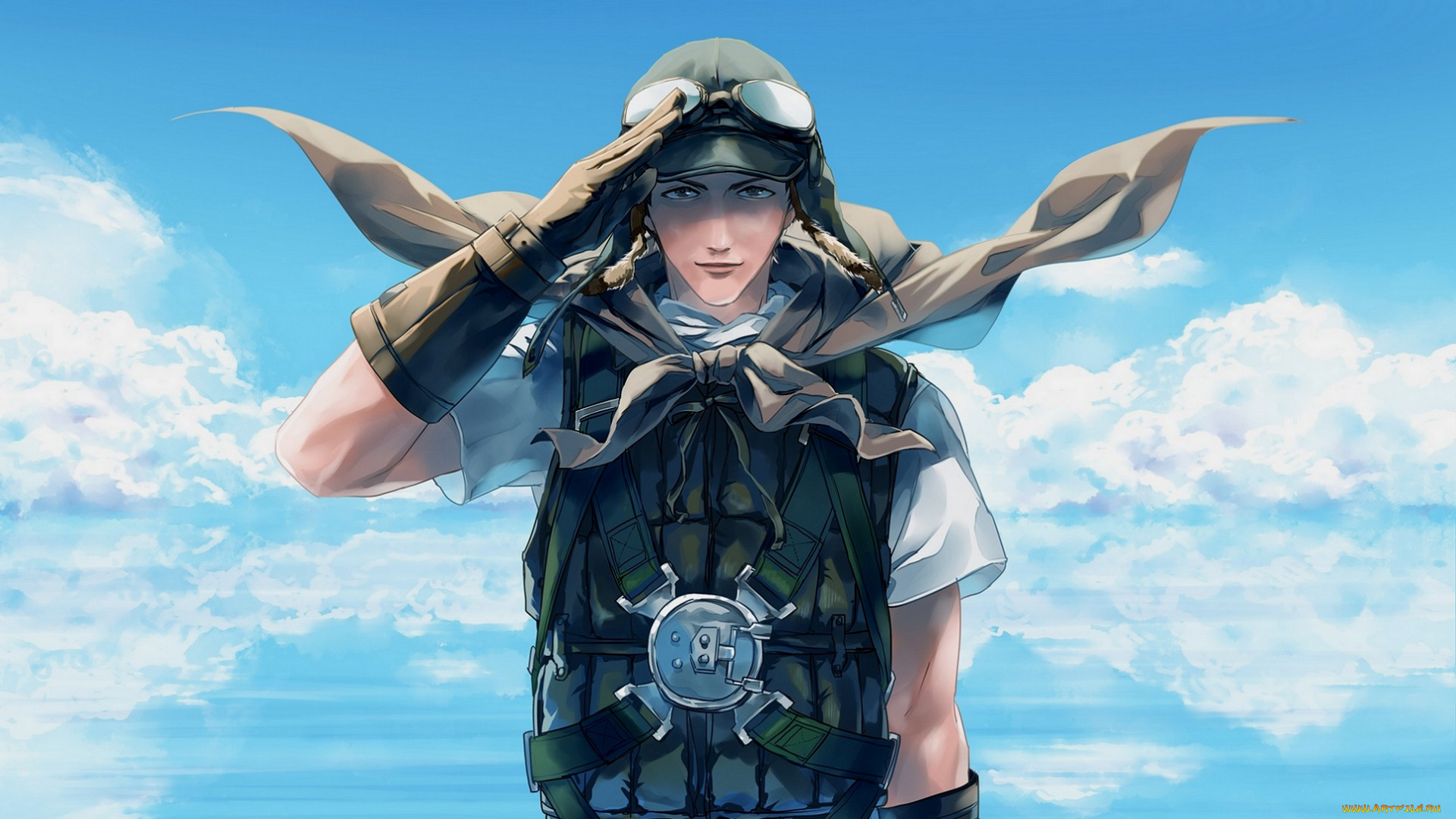 аниме, оружие, , техника, , технологии, облака, арт, парень, пилот, очки, небо