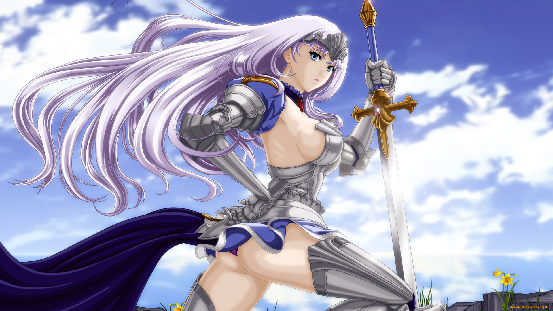аниме, queen`s, blade, диадема, броня, цветы, небо, облака, оружие, меч, воин, доспехи, девушка, annelotte, cilou