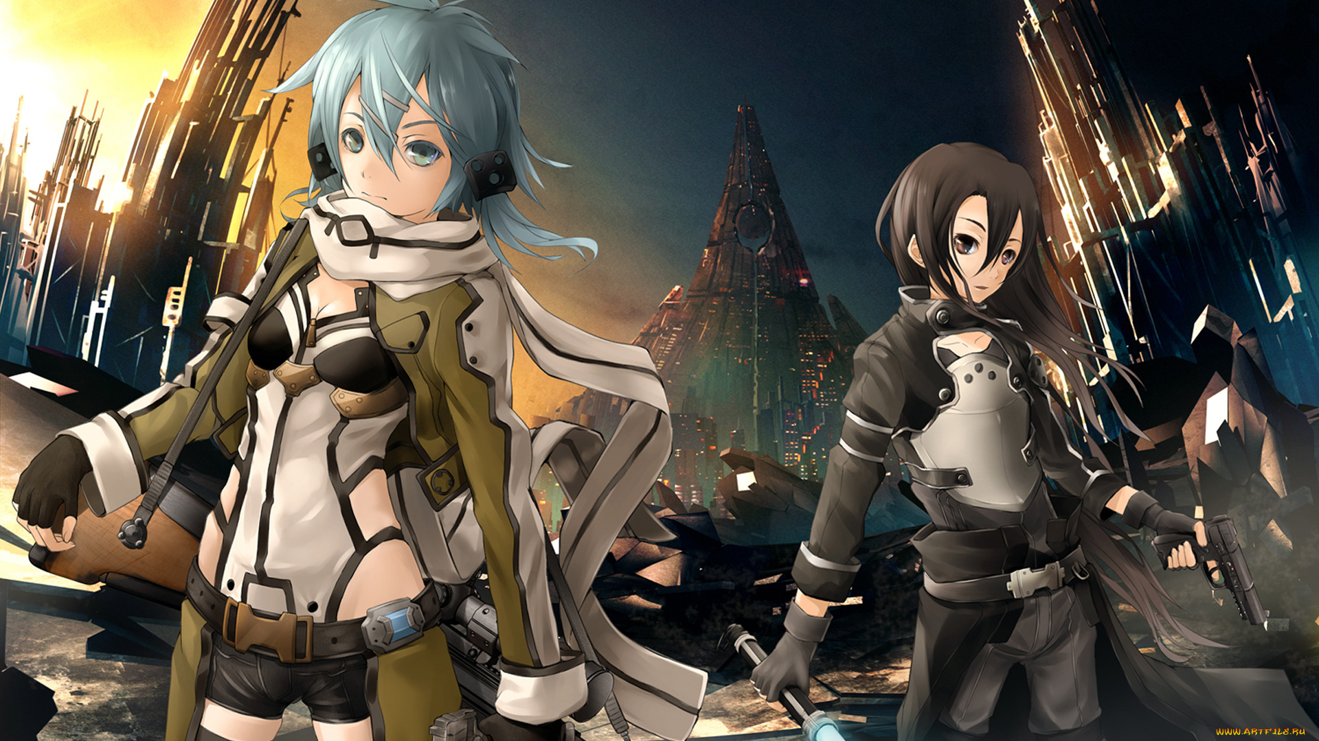 аниме, sword, art, online, shinon, asada, shino, gun, gale, online, kirigaya, kazuto, оружие, kirito, sword, art, девушки