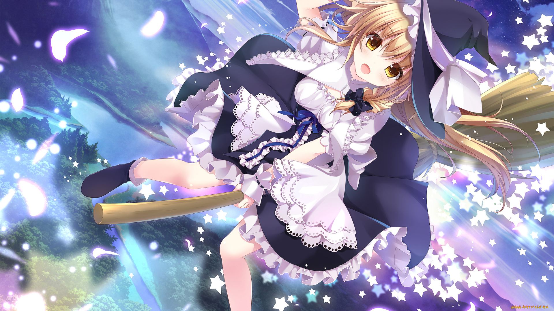 аниме, touhou, kino, konomi, пейзаж, небо, шляпа, девочка, арт, метла, kirisame, marisa