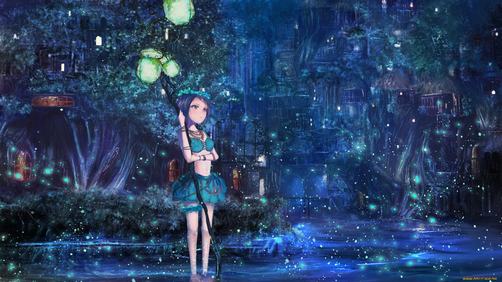 аниме, unknown, , другое, сказочный, фонари, город, ночь, девочка, арт, popopo5656