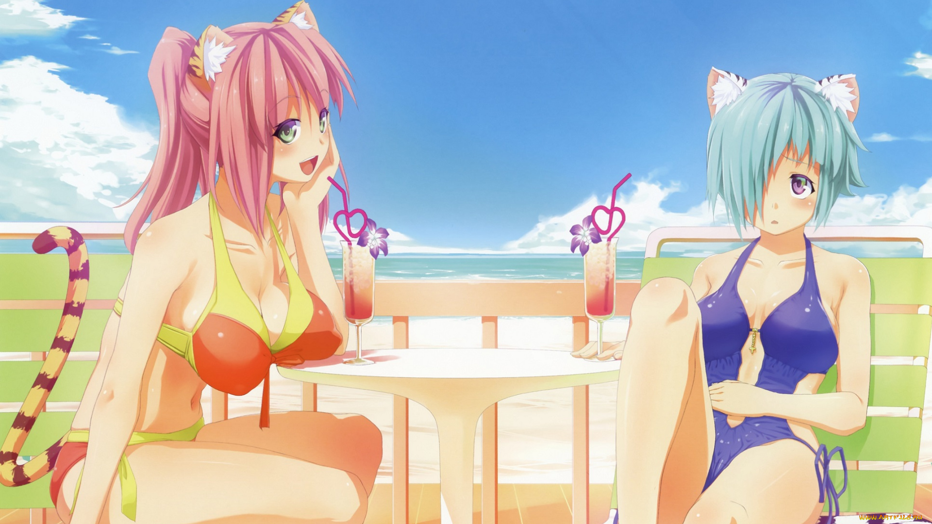 аниме, животные, , существа, неко, лето, пляж, девушки, artist, хвосты, ушки