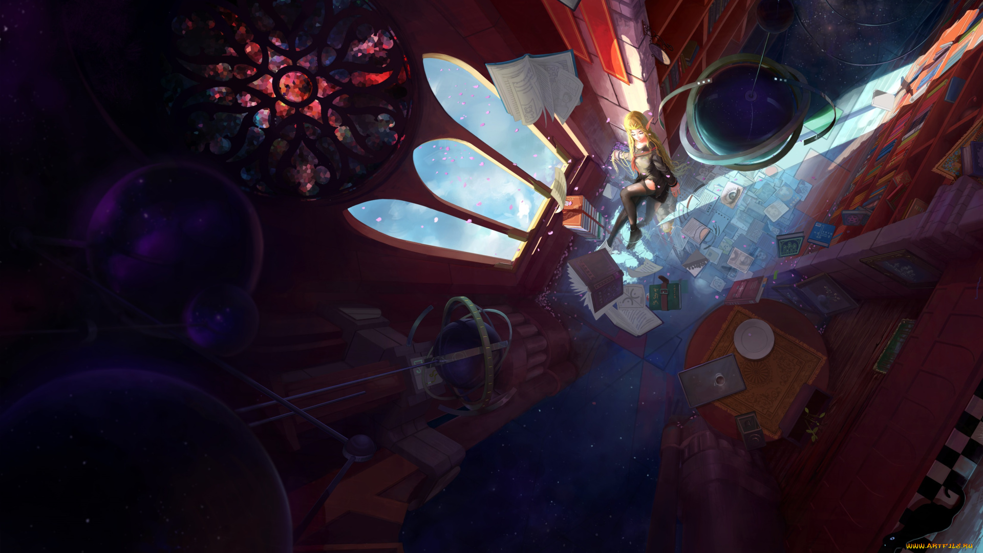 аниме, животные, , существа, вода, стены, окно, эльф, девушка, oright, замок, книги