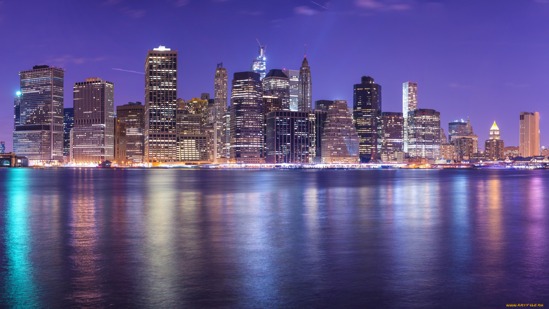 города, -, панорамы, night, panorama, небоскрёбы, город, огни, ночь, reflection, lights, skyscrapers, cityscape, панорама