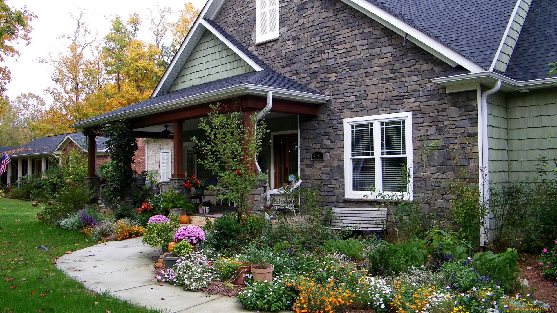 города, -, здания, , дома, особняк, дом, цветы, кусты, клумбы, ландшафт