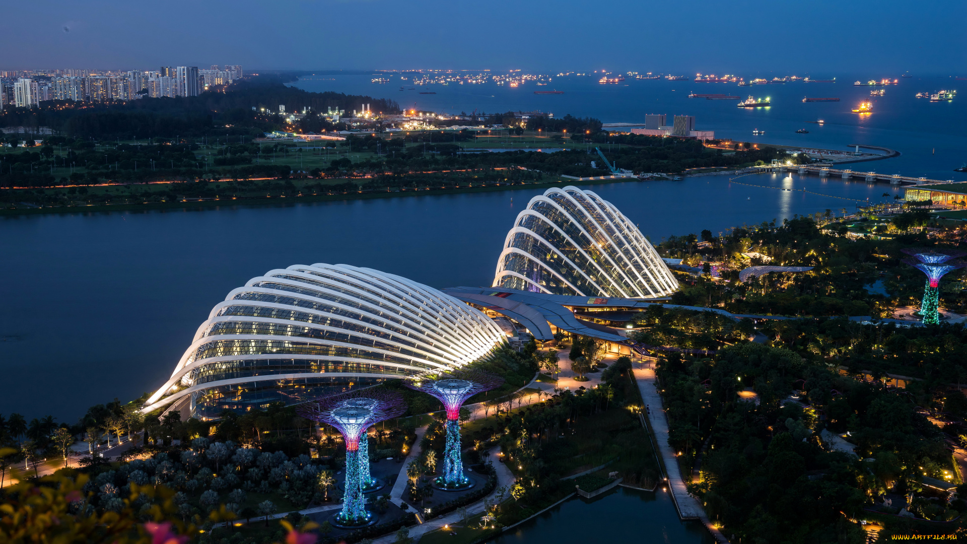 города, сингапур, , сингапур, реки, панорама, ночь, огни, дома