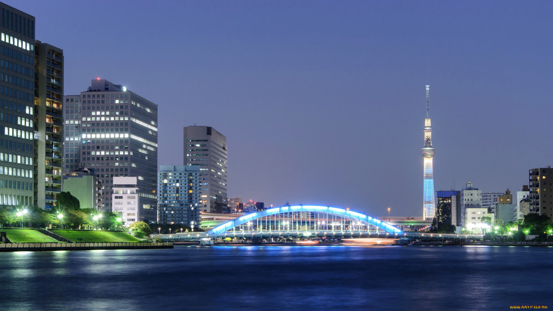 города, токио, , Япония, дома, токио, япония, огни, ночь, мост, река