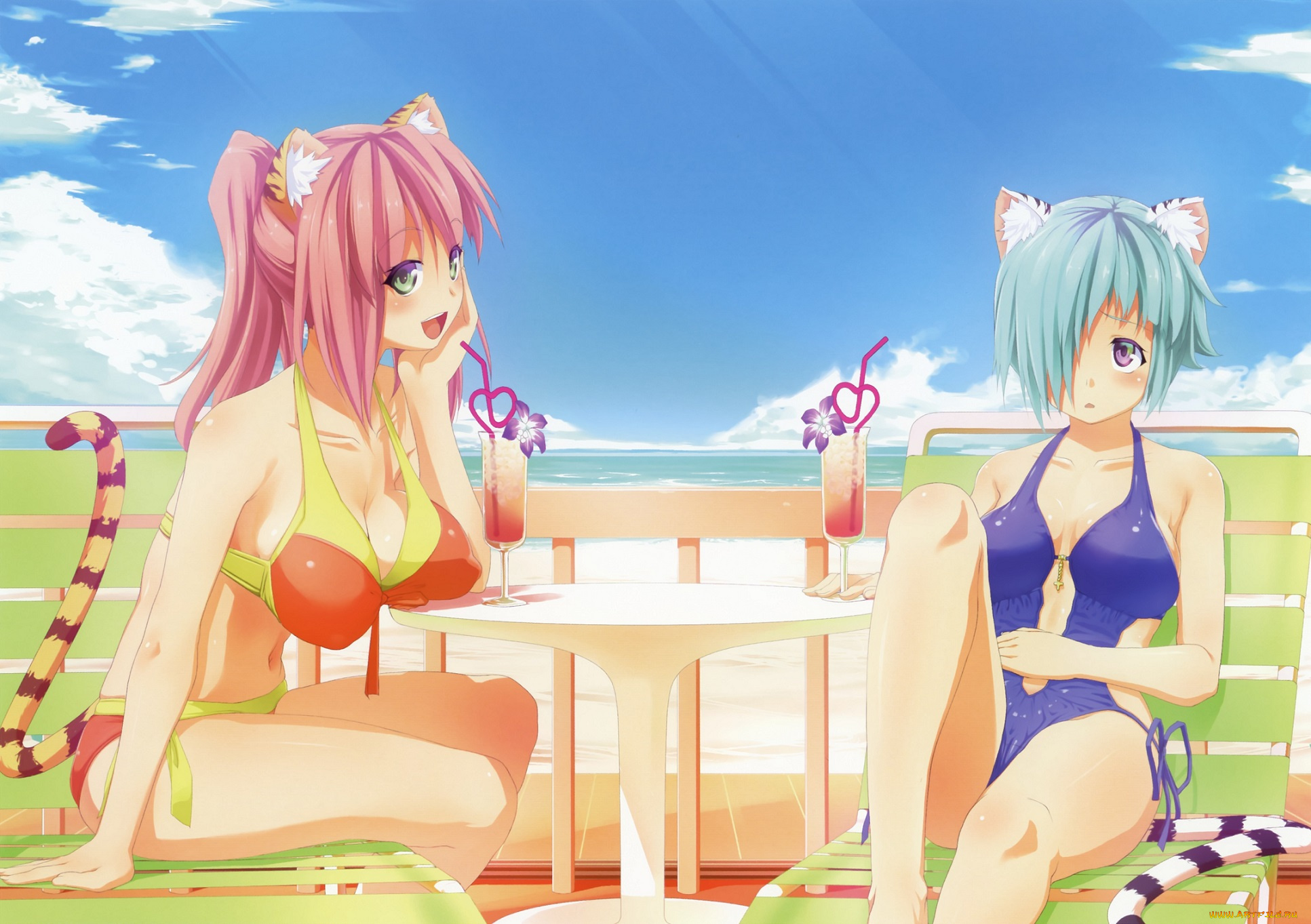 аниме, животные, , существа, неко, лето, пляж, девушки, artist, хвосты, ушки