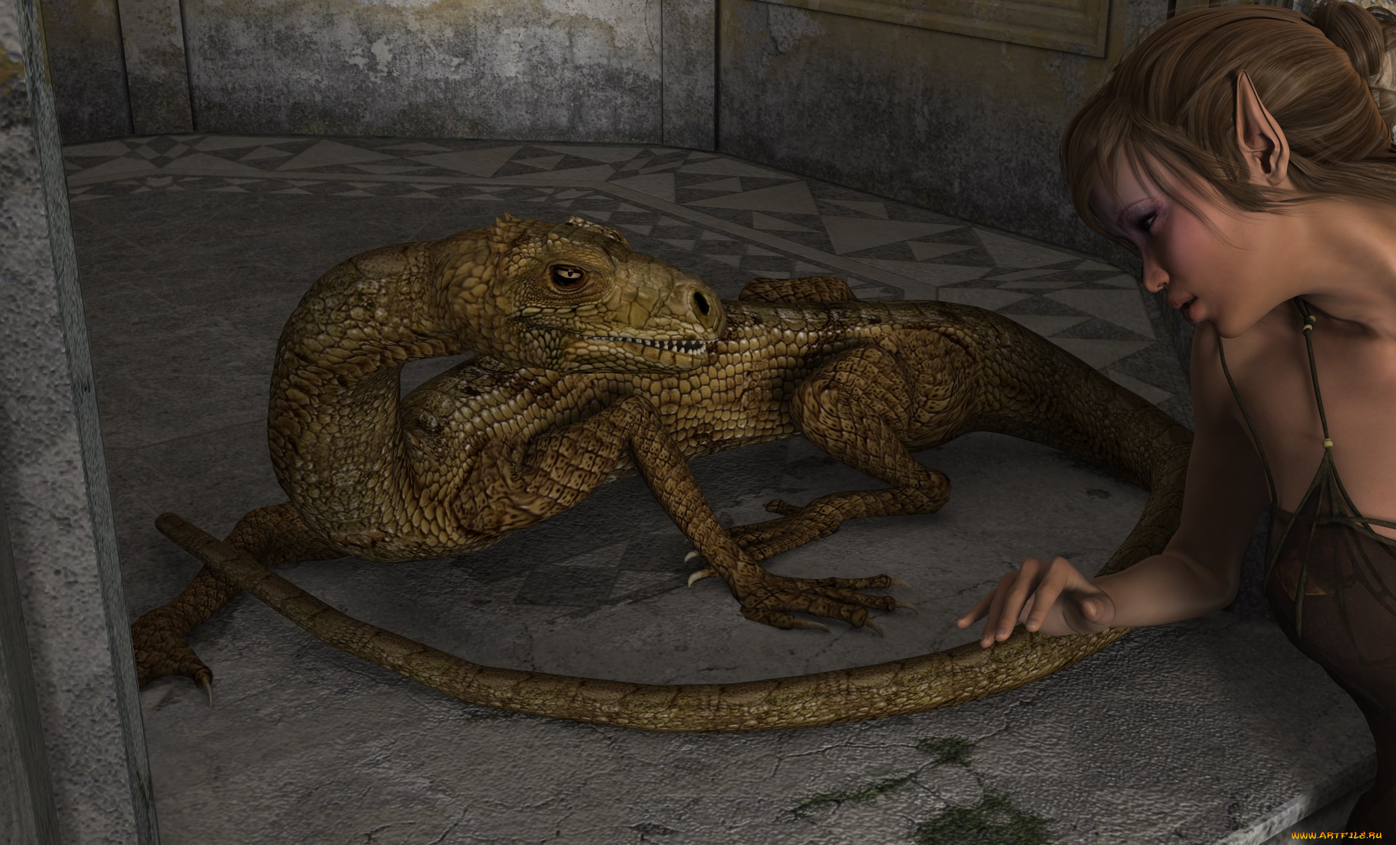 3д, графика, люди, , people, дракон, фон, взгляд, эльфийка