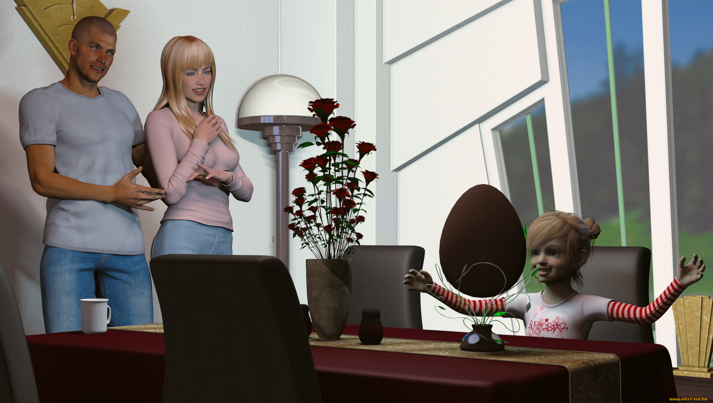 3д, графика, люди, , people, улыбка, взгляд, девушка, отец, мужчина, мать, фон, девочка