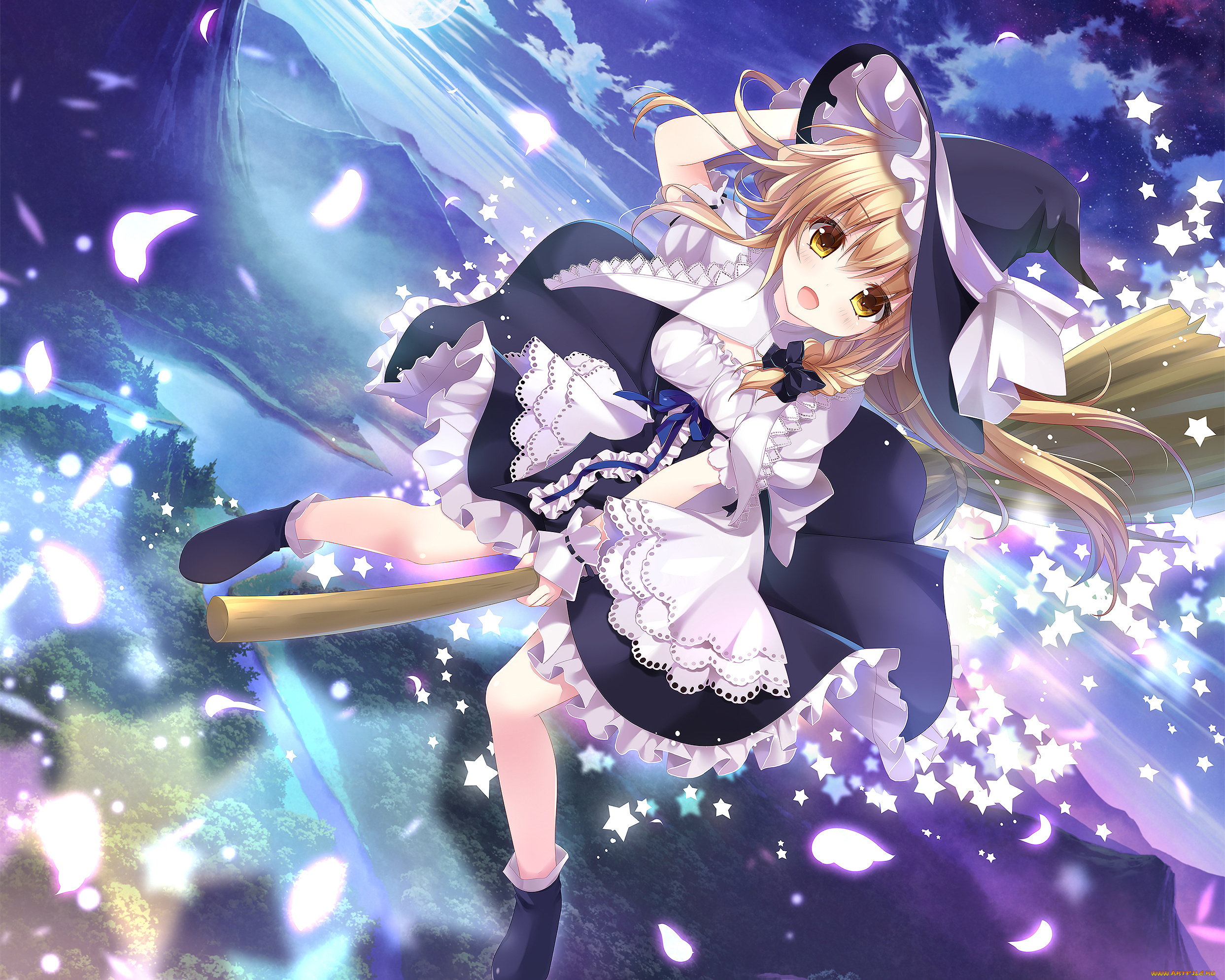 аниме, touhou, kino, konomi, пейзаж, небо, шляпа, девочка, арт, метла, kirisame, marisa