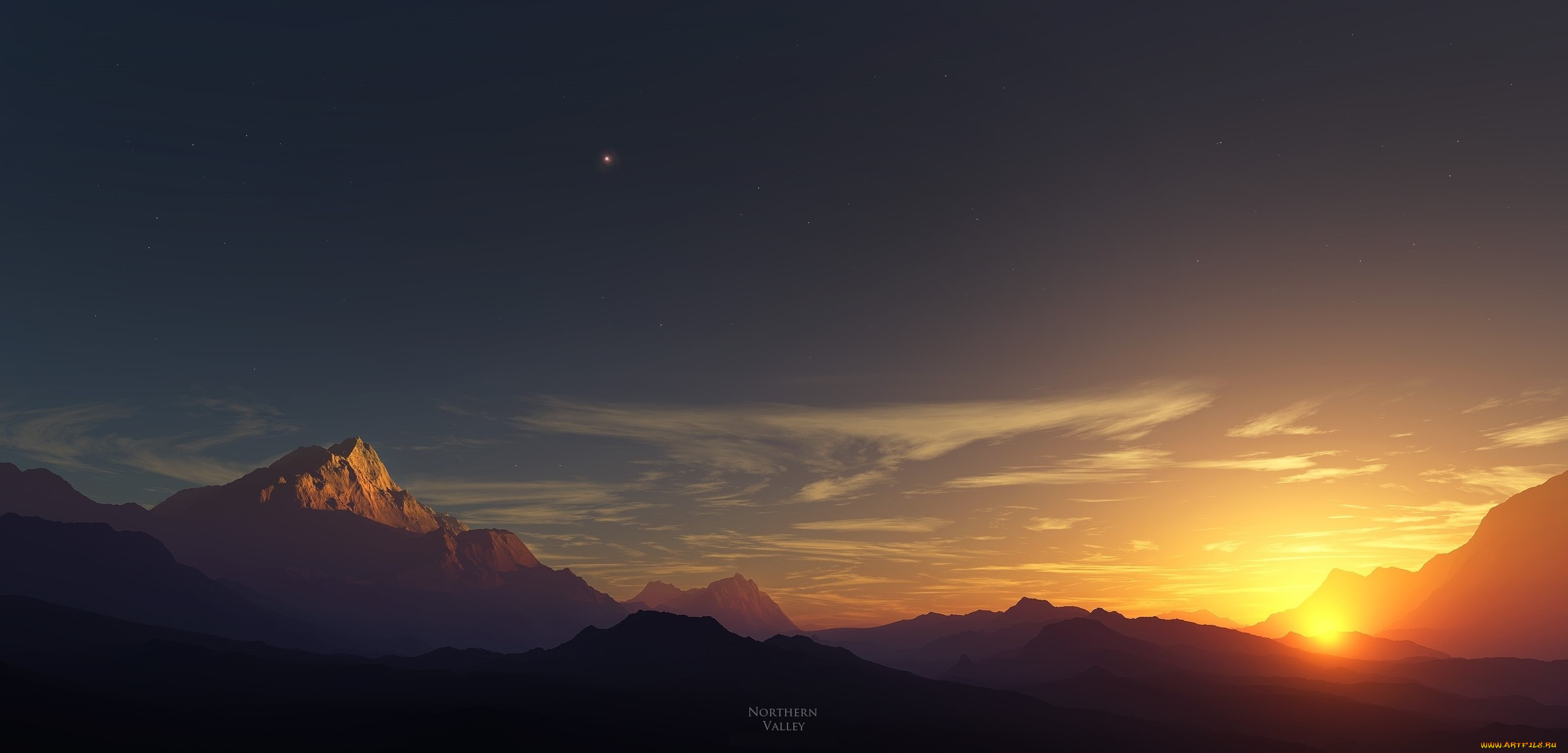 3д, графика, природа, , nature, облака, небо, закат, пейзаж, горы