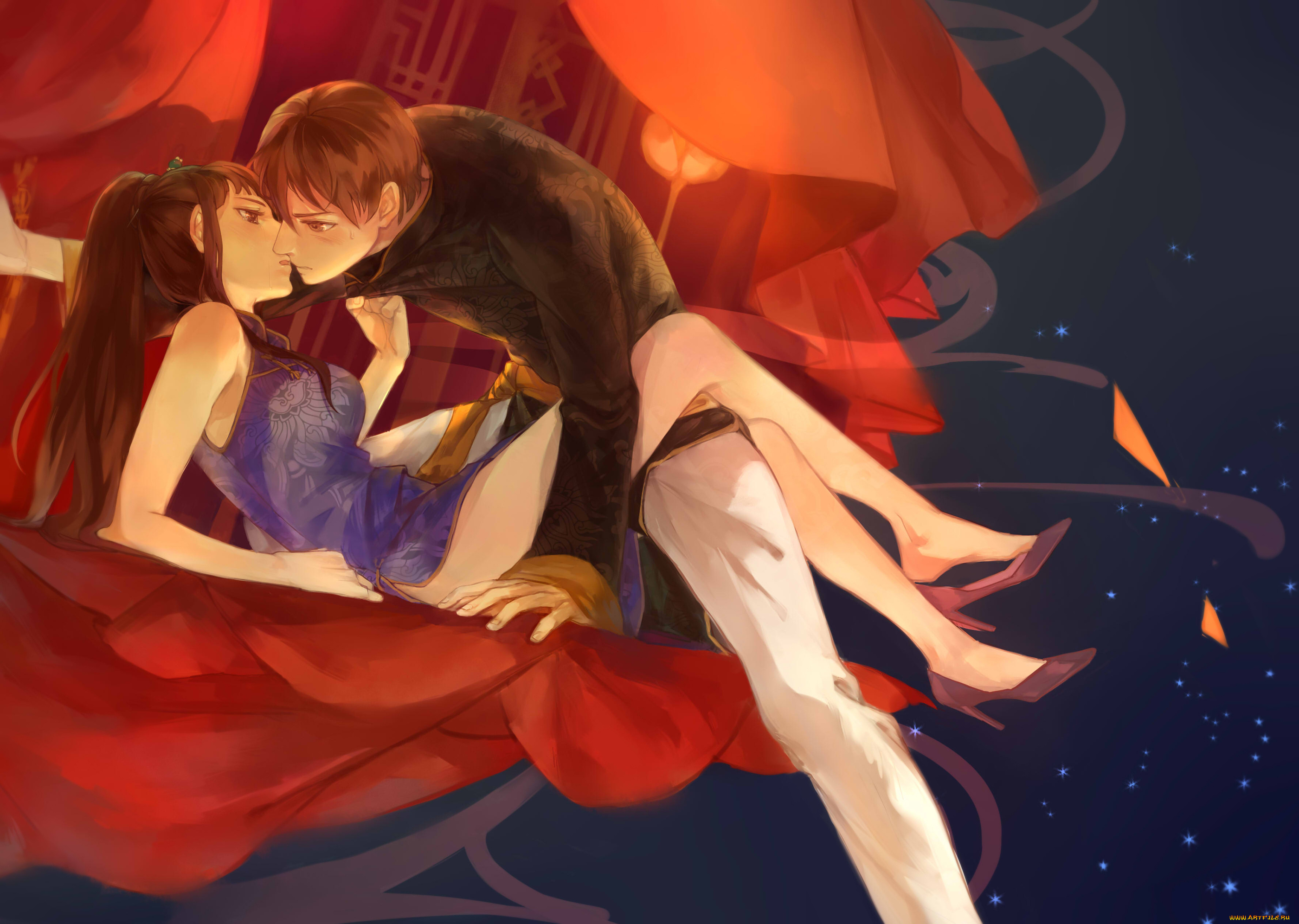 аниме, unknown, , другое, кимоно, ципао, слёзы, арт, туфли, поцелуй, девушка, парень