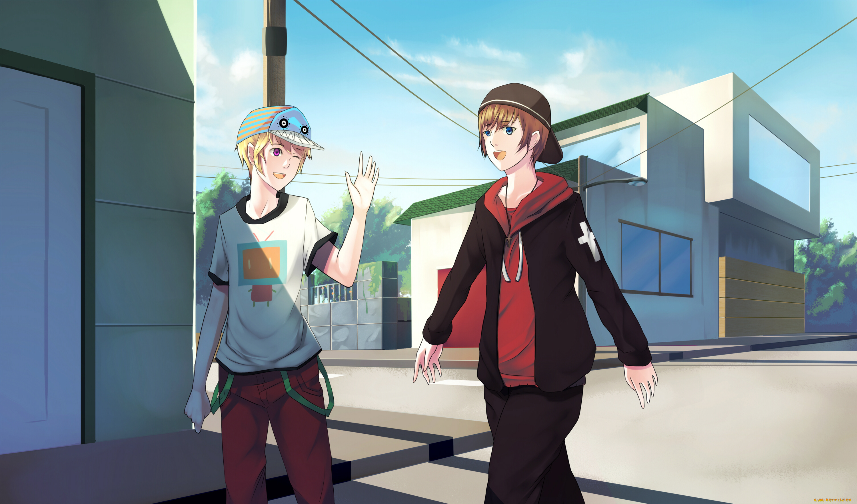 аниме, город, , улицы, , здания, улица, дома, мальчики