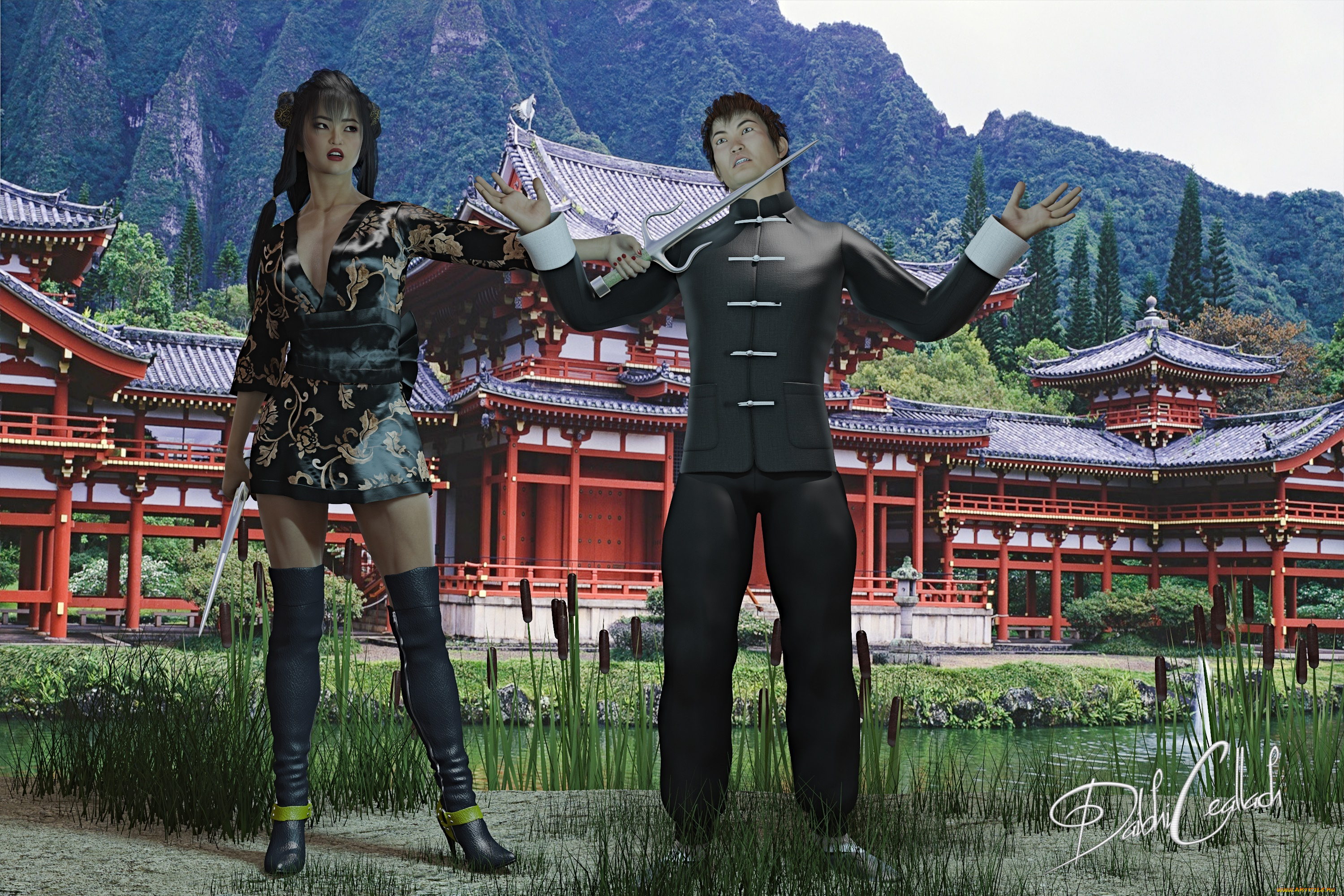 3д, графика, фантазия, , fantasy, мужчина, оружие, фон, девушка, взгляд