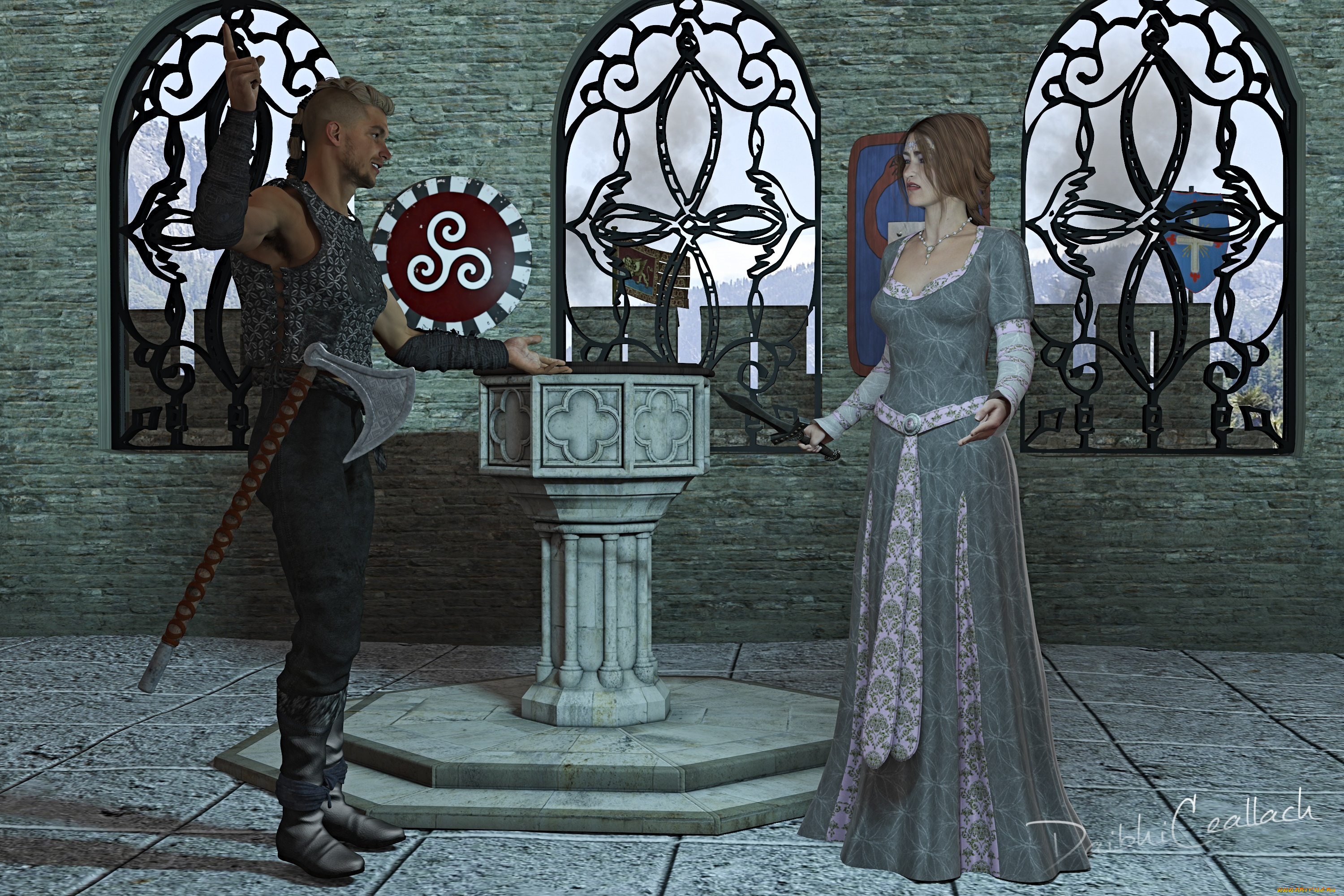 3д, графика, фантазия, , fantasy, взгляд, девушка, мужчина, оружие, фон