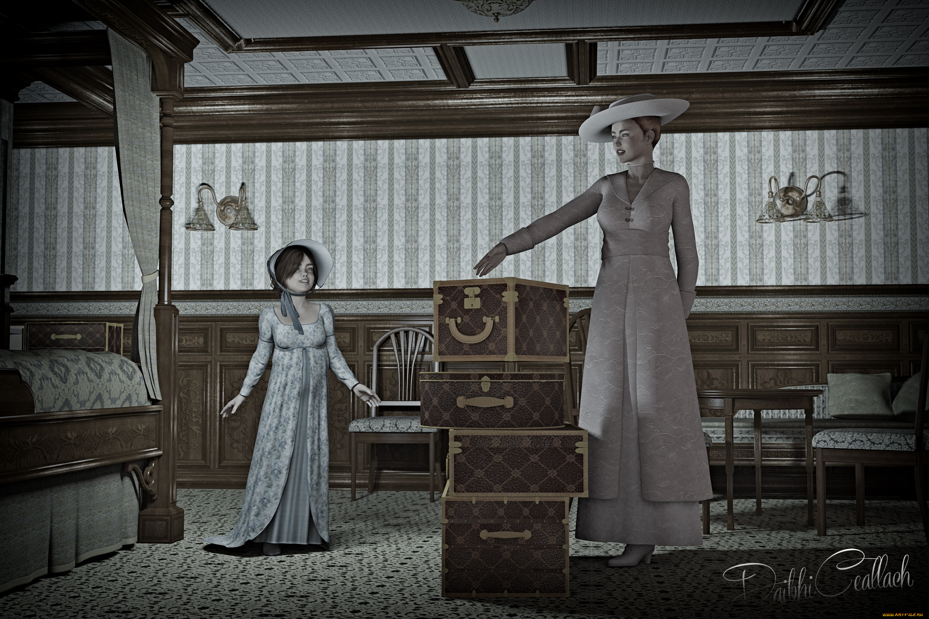 3д, графика, люди, , people, интерьер, дочь, мать, девочка, шляпа, фон, взгляд, девушка