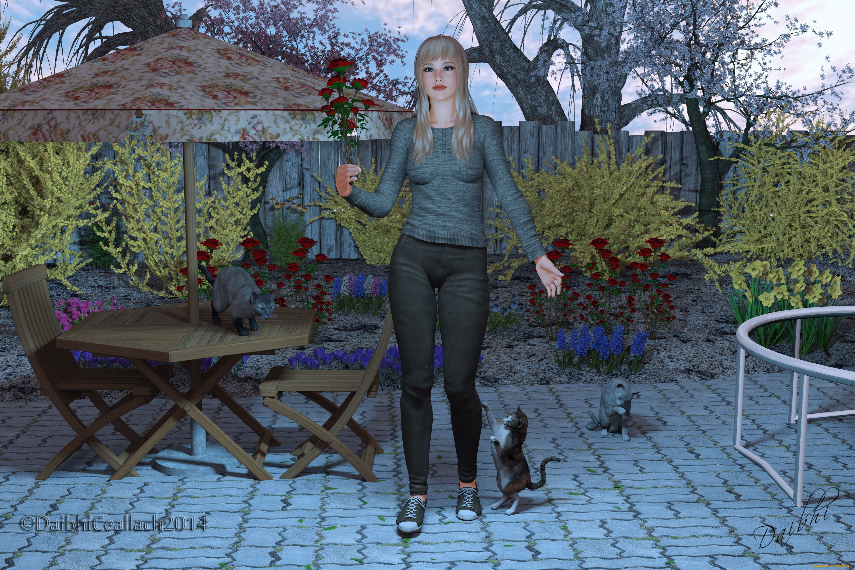 3д, графика, люди, , people, взгляд, деревья, кошки, стол, розы, фон, девушка