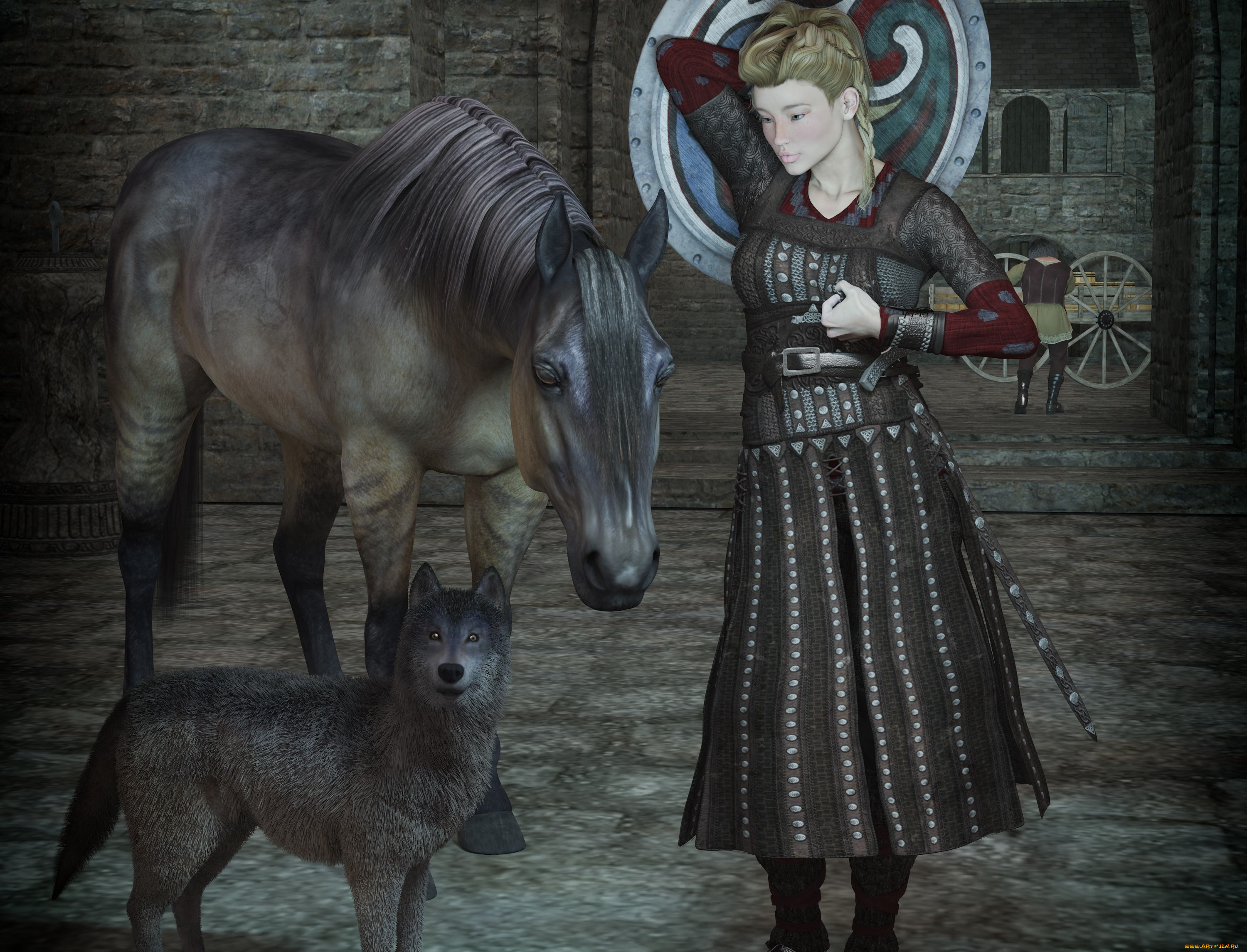 3д, графика, люди, , people, фон, взгляд, девушка, собака, лошадь