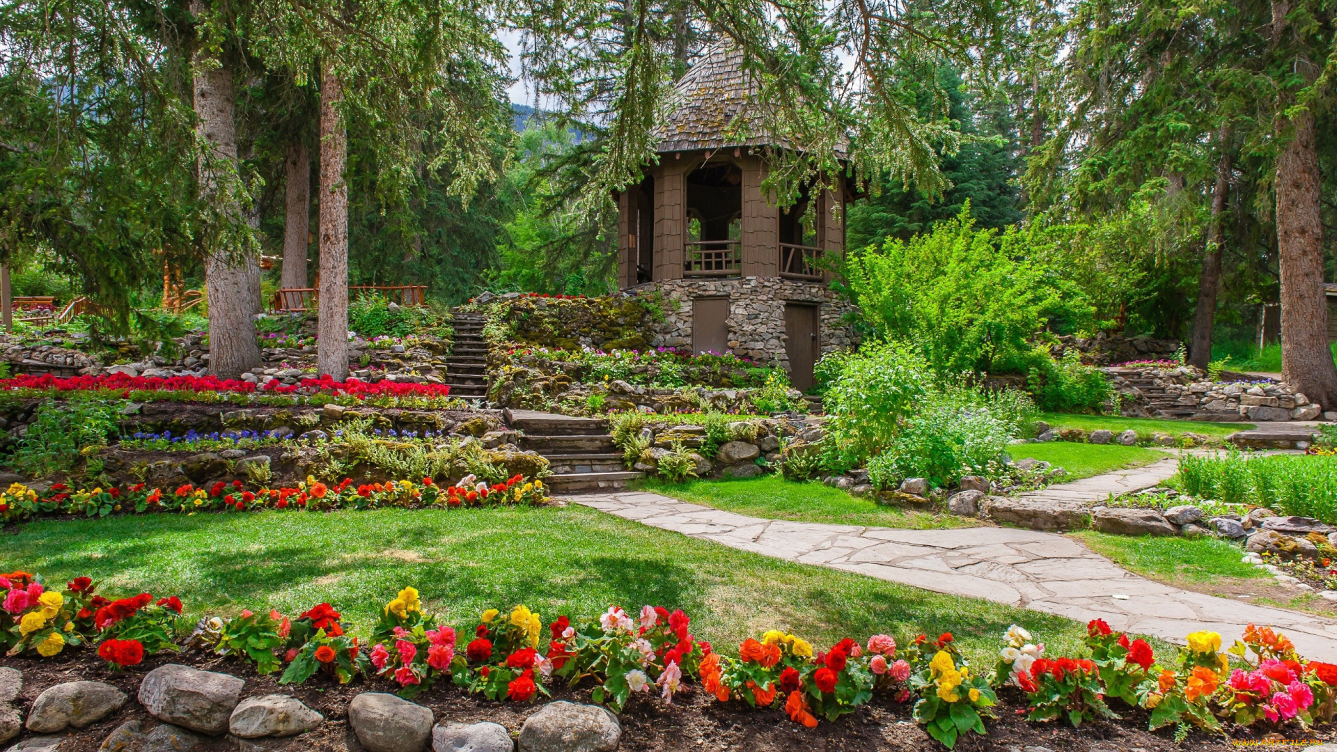 природа, парк, цветы, камни, беседка, ступеньки