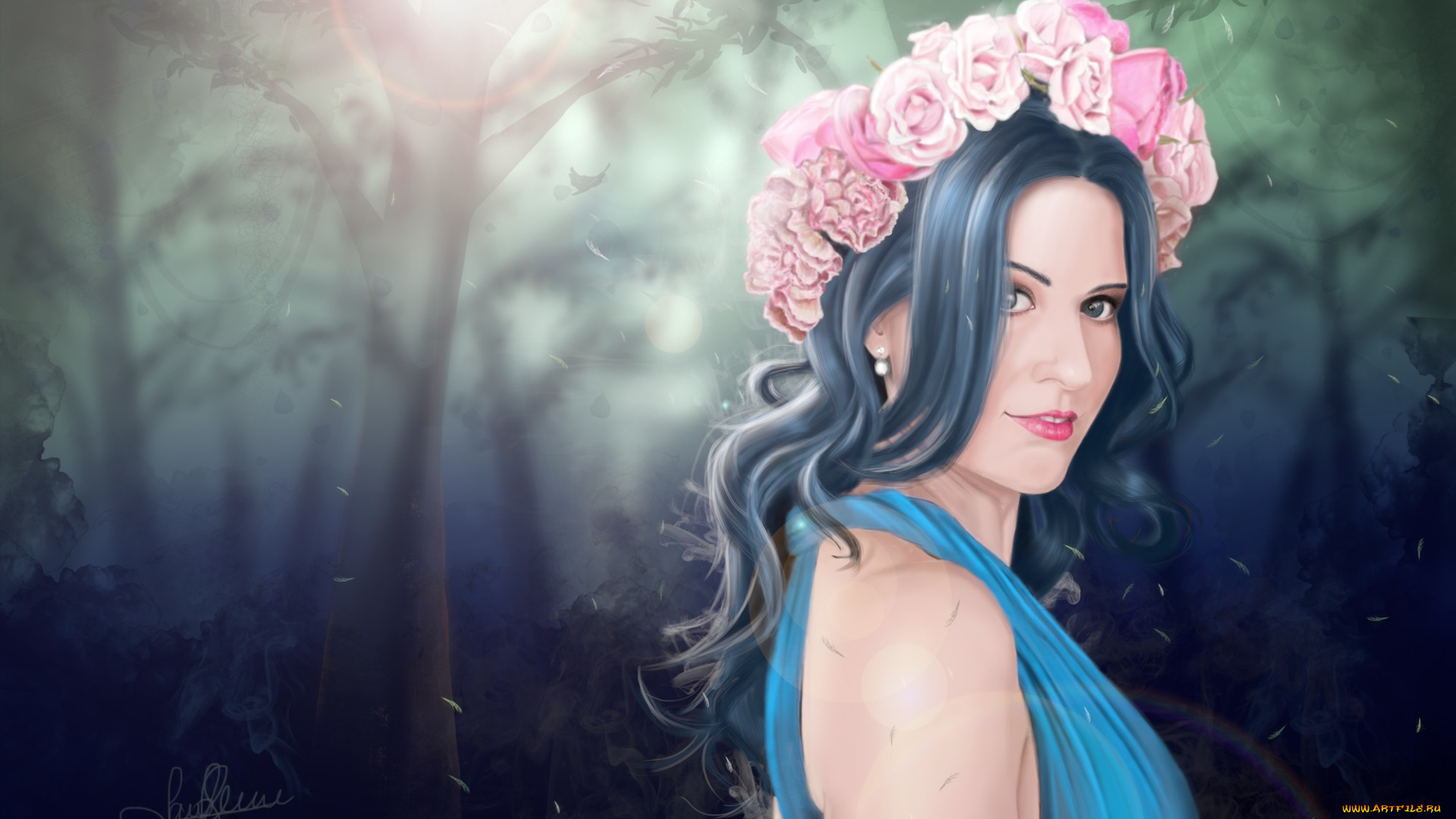 рисованное, люди, девушка, лес, цветы, венок, арт