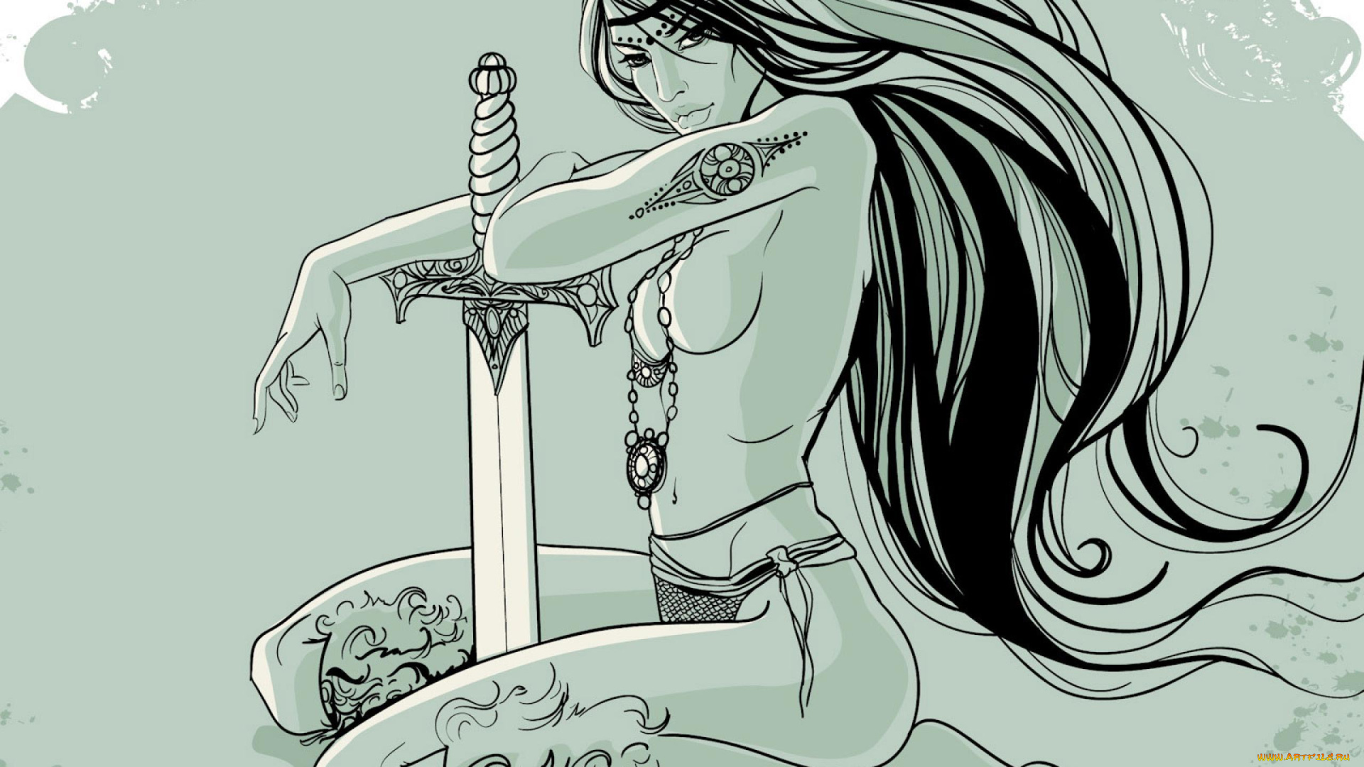 рисованное, люди, татуировки, меч, волосы, кулон, девушка